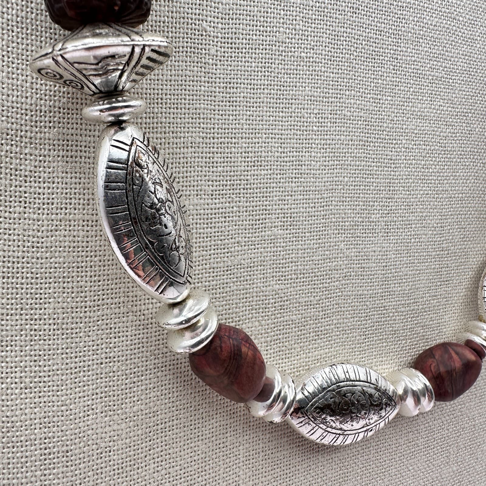 Vintage 80s Beaded Necklace Silver Tone Statement Boho Women's Classic Jewelry - Thumbnail 3