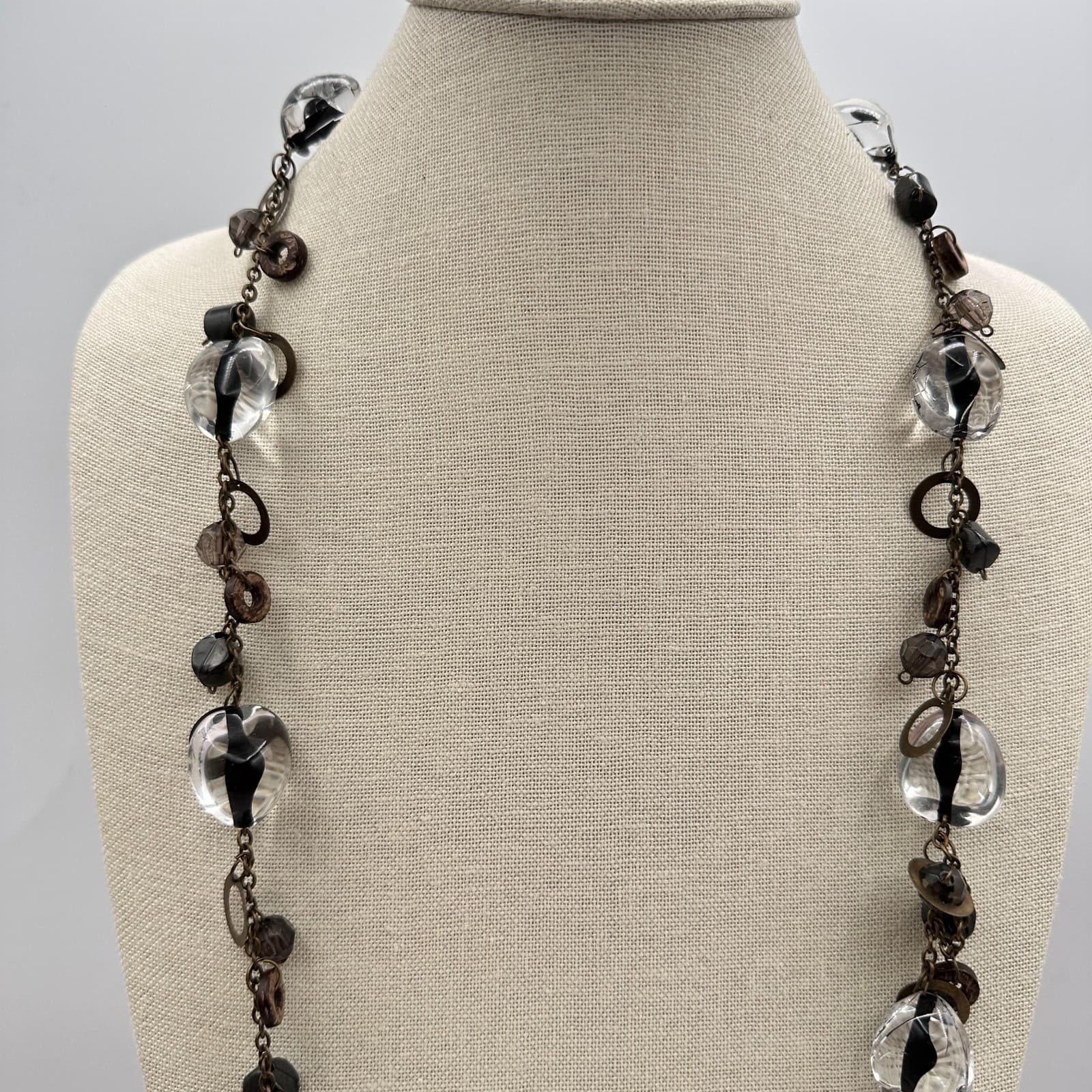 Vintage 80s Beaded Station Necklace Bronze Tone Boho Women's Classic Jewelry - Thumbnail 3