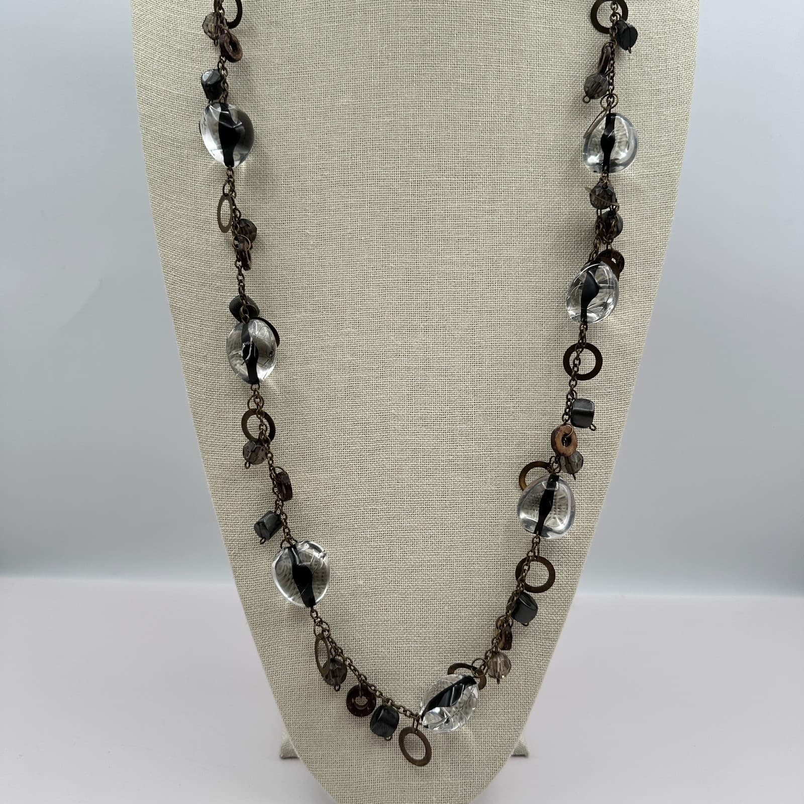 Vintage 80s Beaded Station Necklace Bronze Tone Boho Women's Classic Jewelry - Thumbnail 2