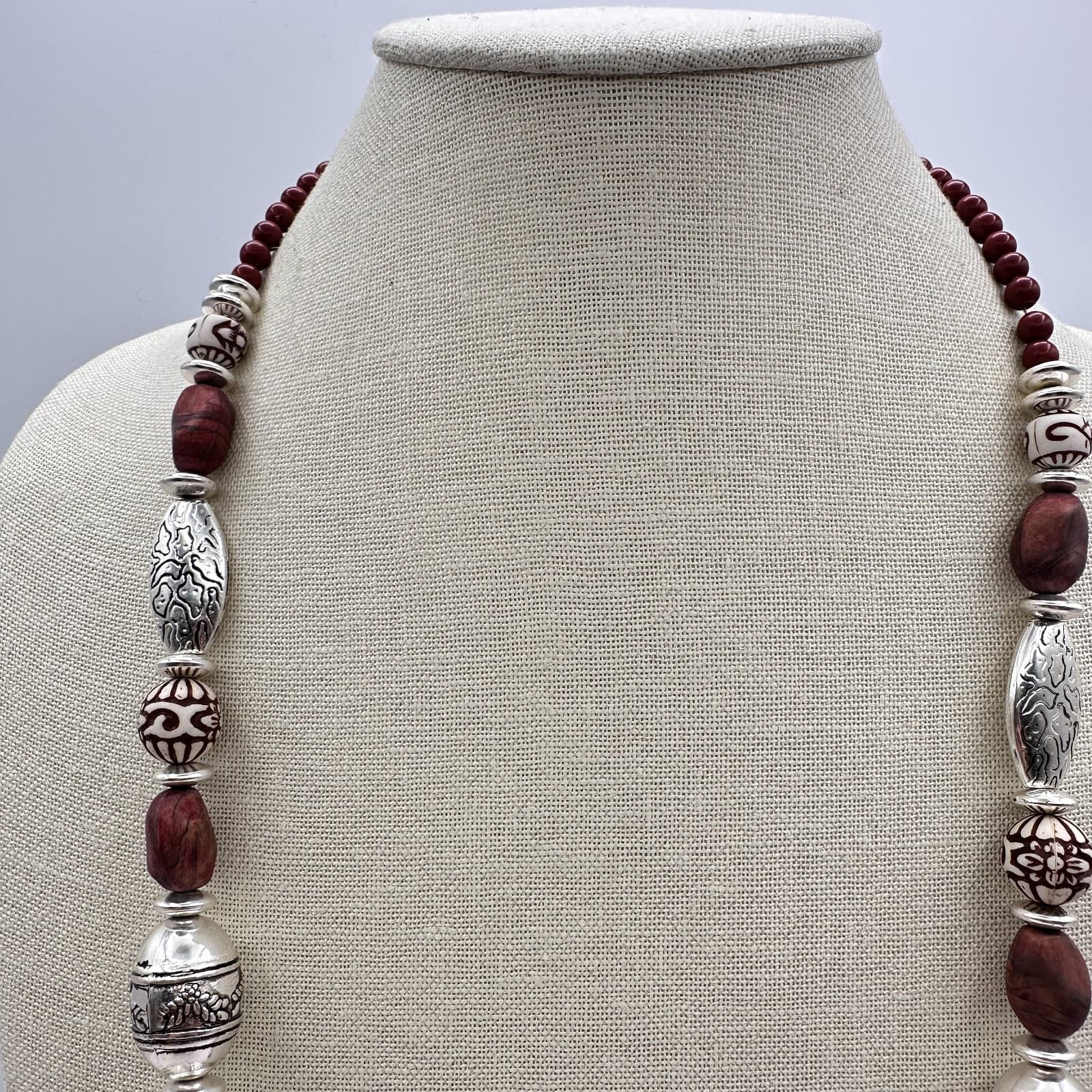 Vintage 80s Beaded Necklace Silver Tone Statement Boho Women's Classic Jewelry - Thumbnail 5