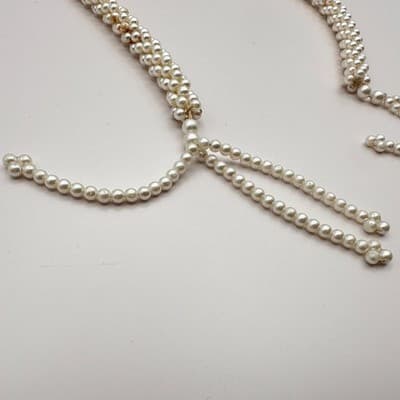 Vintage 90s Faux Pearl Cream White Beaded Braided Tassel Necklace Statement - Thumbnail 6