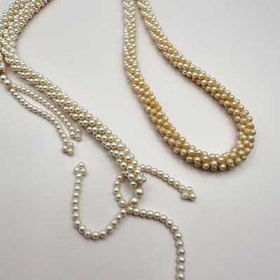 Vintage 90s Faux Pearl Cream White Beaded Braided Tassel Necklace Statement - Thumbnail 2