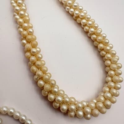 Vintage 90s Faux Pearl Cream White Beaded Braided Tassel Necklace Statement - Thumbnail 3