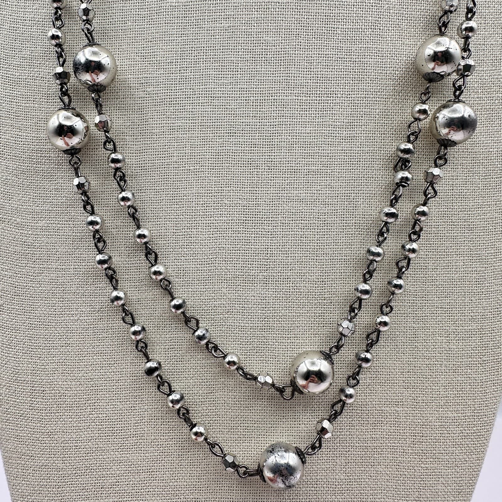 Vintage Y2K Double Strand Silver Tone Beaded Necklace Statement Boho Jewelry - Thumbnail 3