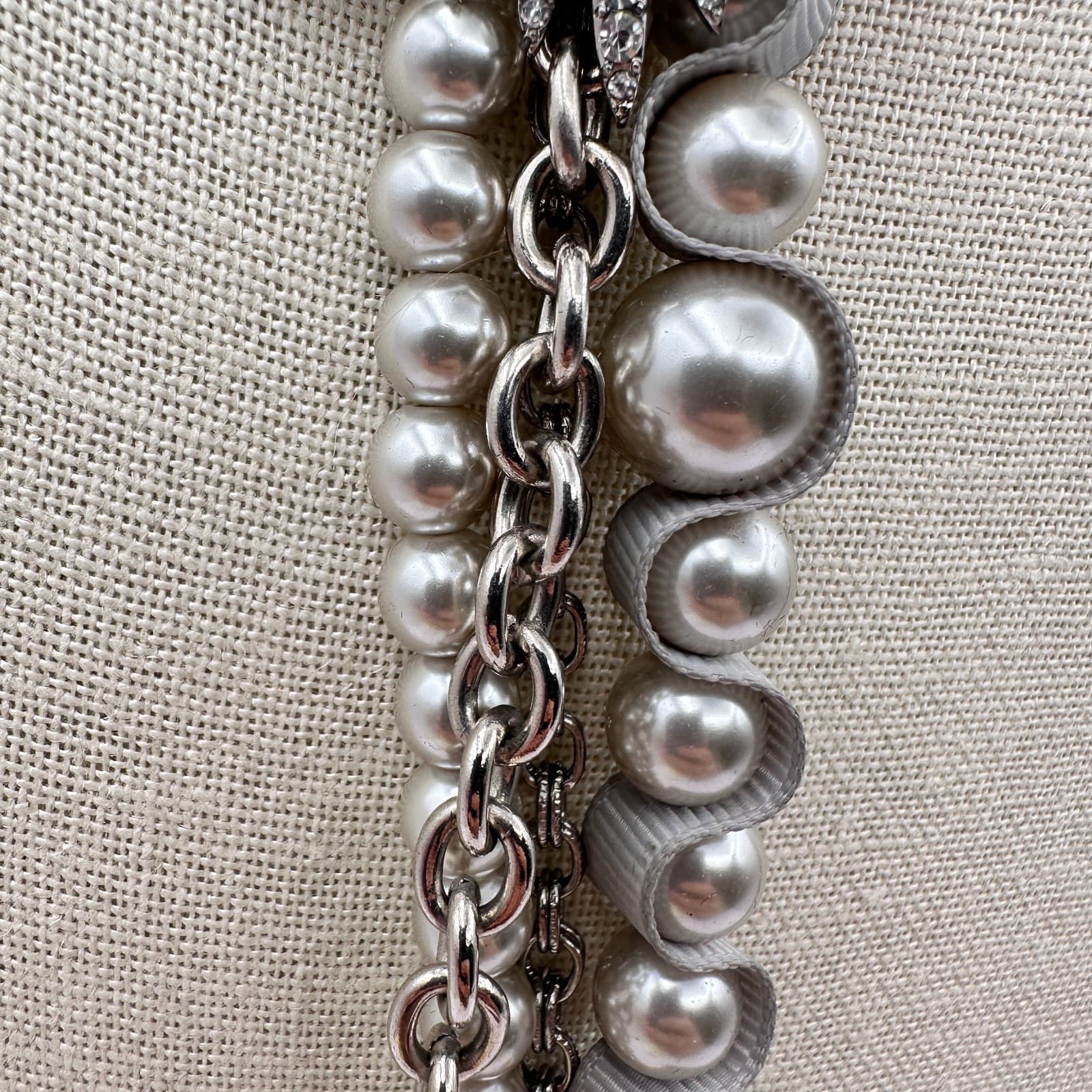 Vintage Y2K Multi-Strand Faux Pearl Necklace Silver-Tone Starburst Rhinestone - Thumbnail 5
