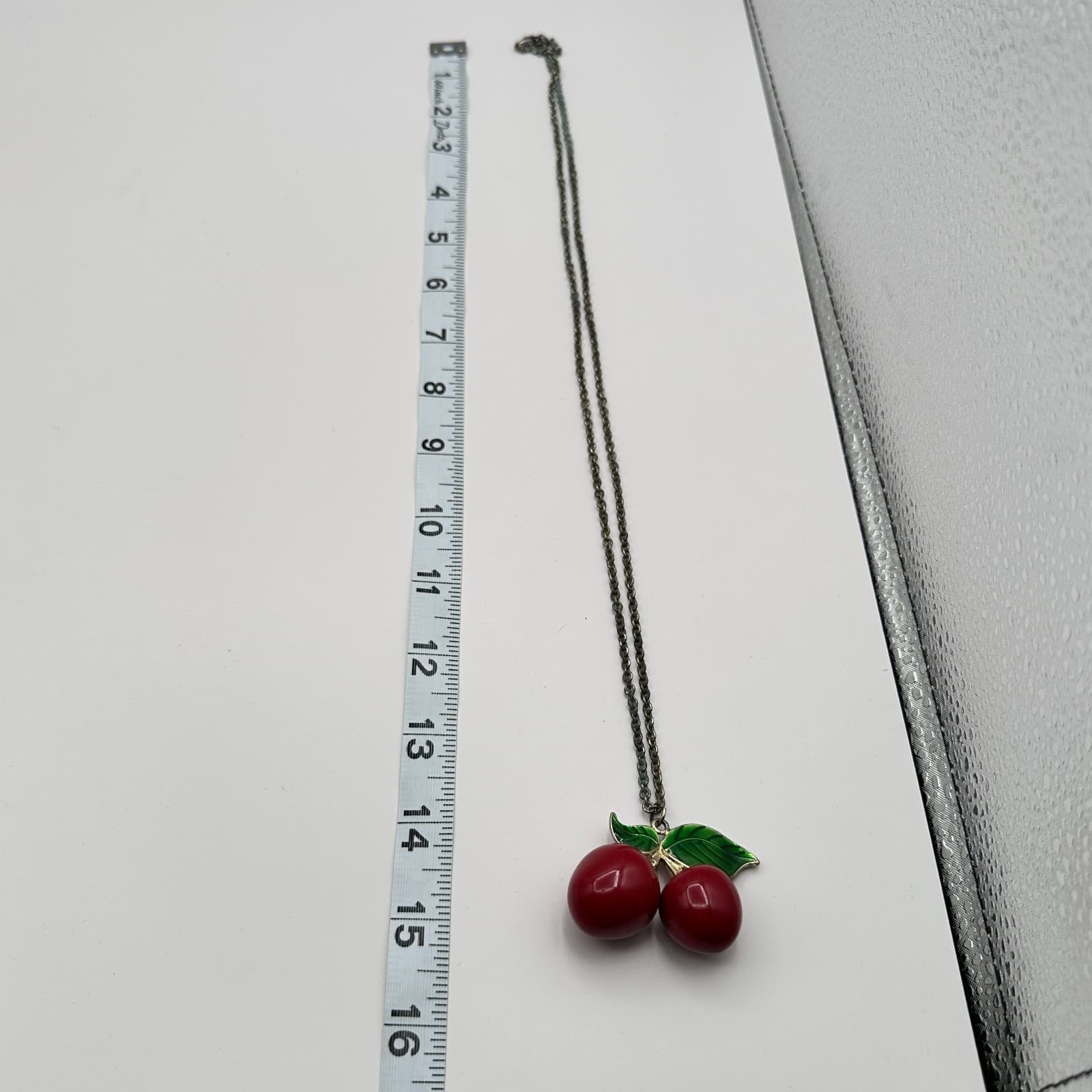 Vintage Y2K Silver Tone Red Cherry Green Enamel Leaves Pendant Necklace Jewelry - Thumbnail 9