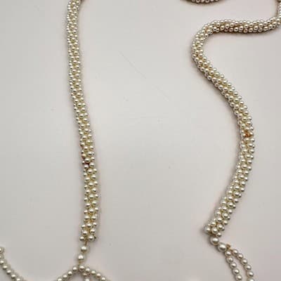 Vintage 90s Faux Pearl Cream White Beaded Braided Tassel Necklace Statement - Thumbnail 5