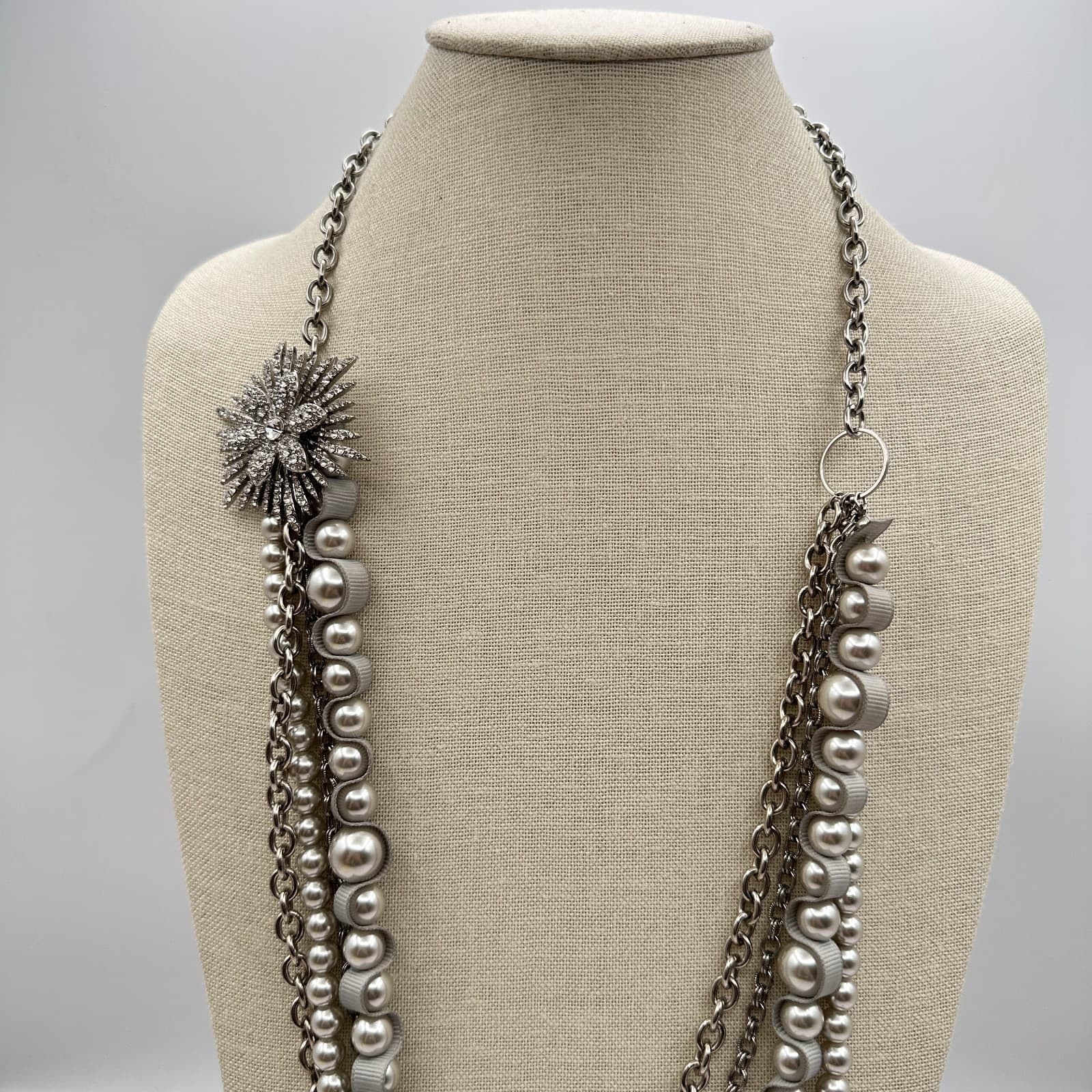Vintage Y2K Multi-Strand Faux Pearl Necklace Silver-Tone Starburst Rhinestone - Thumbnail 2