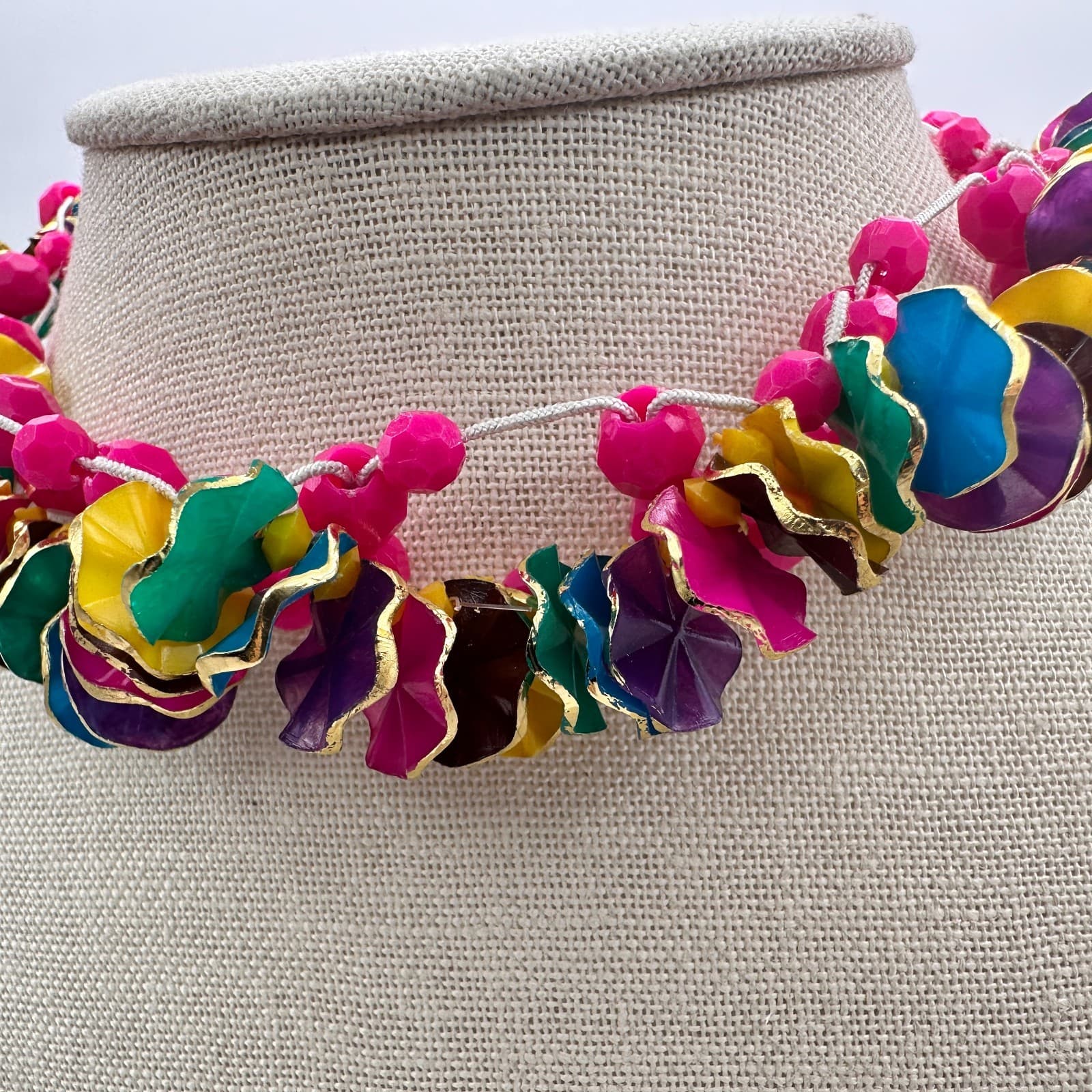 Vintage 80s Ruffle Disc Beaded Choker Necklace Boho Statement Women's Jewelry - Thumbnail 5