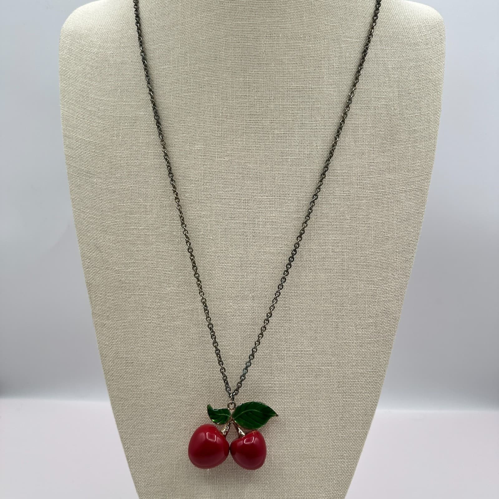 Vintage Y2K Silver Tone Red Cherry Green Enamel Leaves Pendant Necklace Jewelry - Thumbnail 7