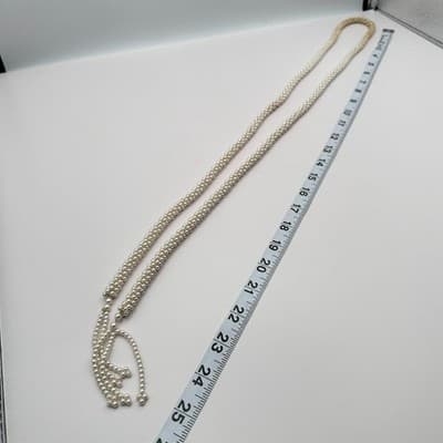 Vintage 90s Faux Pearl Cream White Beaded Braided Tassel Necklace Statement - Thumbnail 7