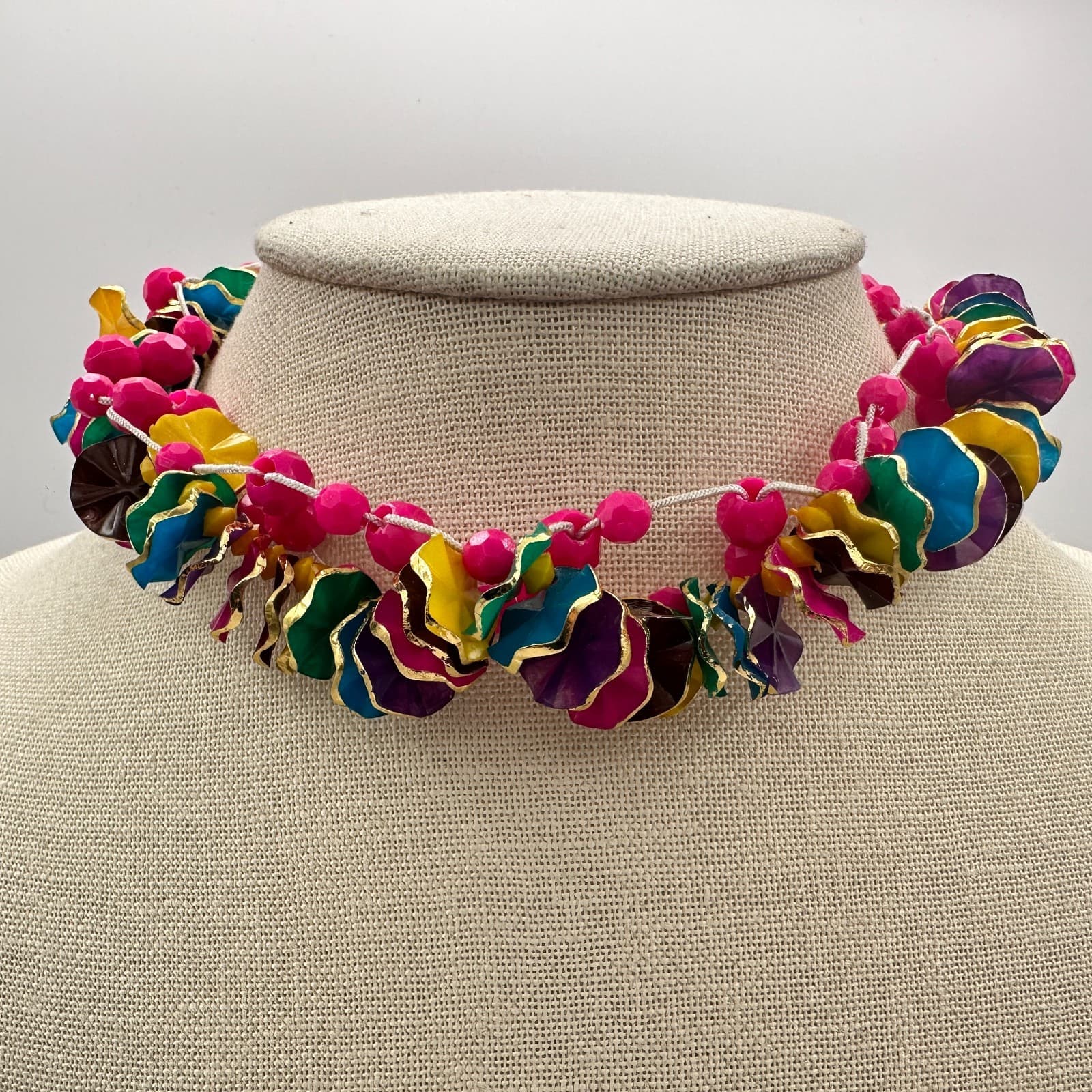Vintage 80s Ruffle Disc Beaded Choker Necklace Boho Statement Women's Jewelry - Thumbnail 4