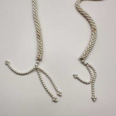 Vintage 90s Faux Pearl Cream White Beaded Braided Tassel Necklace Statement - Thumbnail 4
