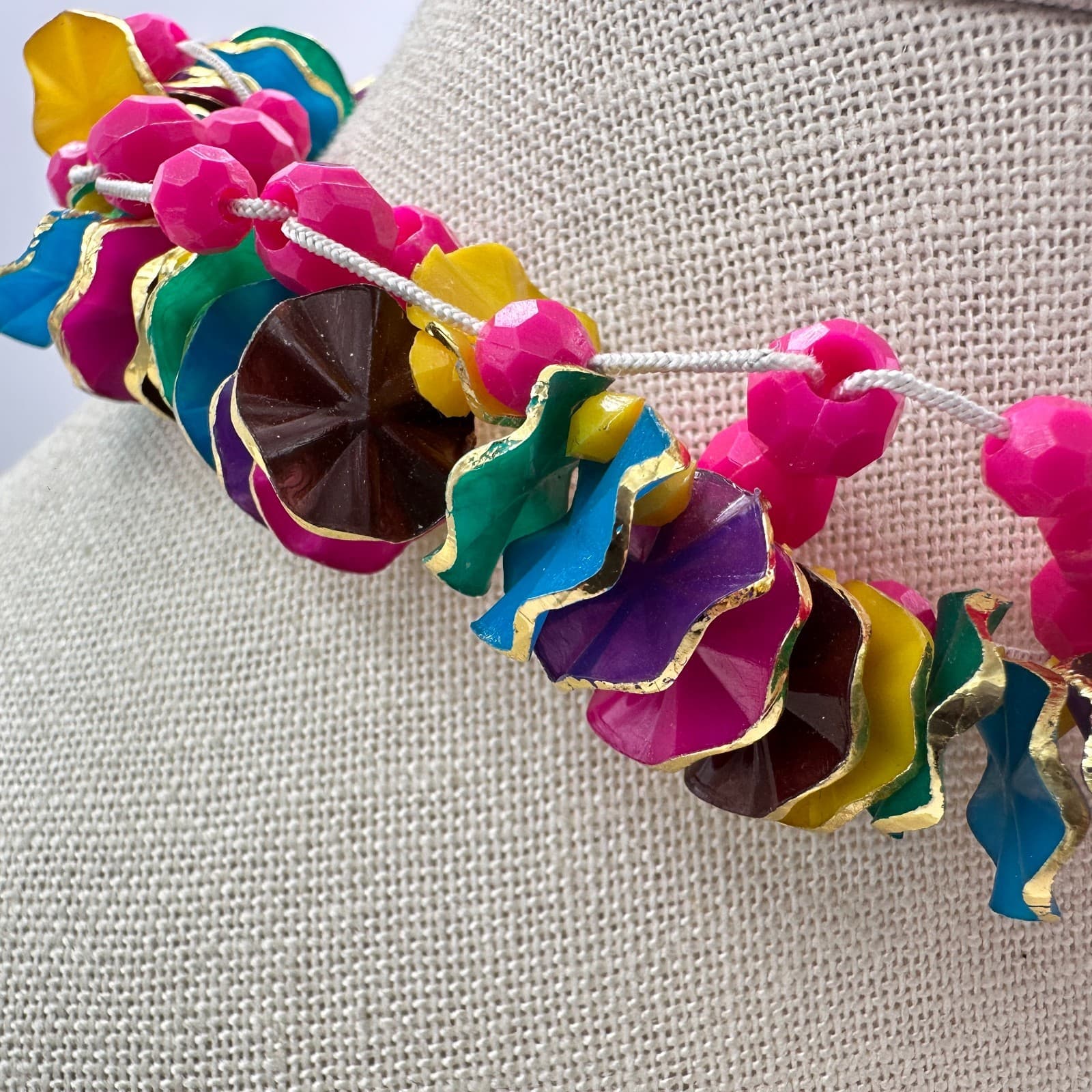 Vintage 80s Ruffle Disc Beaded Choker Necklace Boho Statement Women's Jewelry - Thumbnail 2