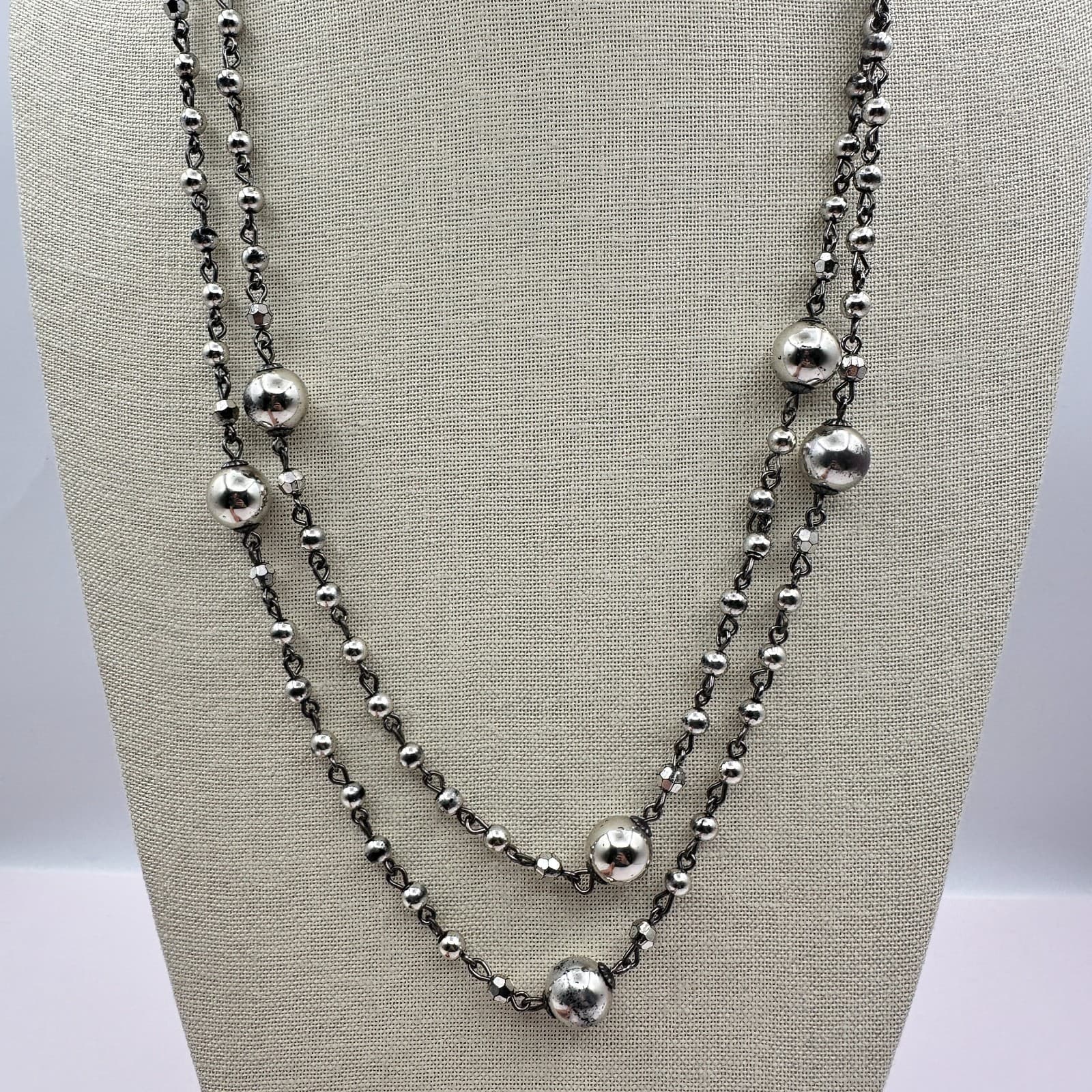 Vintage Y2K Double Strand Silver Tone Beaded Necklace Statement Boho Jewelry - Thumbnail 7
