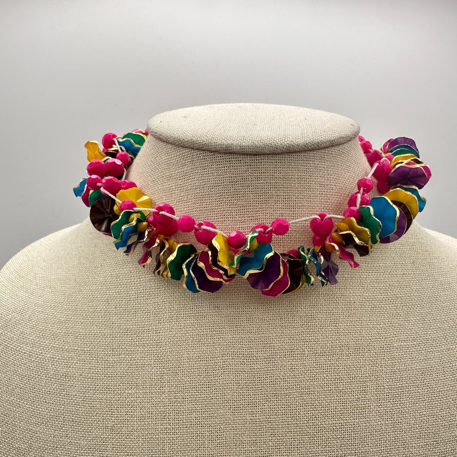 Vintage 80s Ruffle Disc Beaded Choker Necklace Boho Statement Women's Jewelry - Thumbnail 6