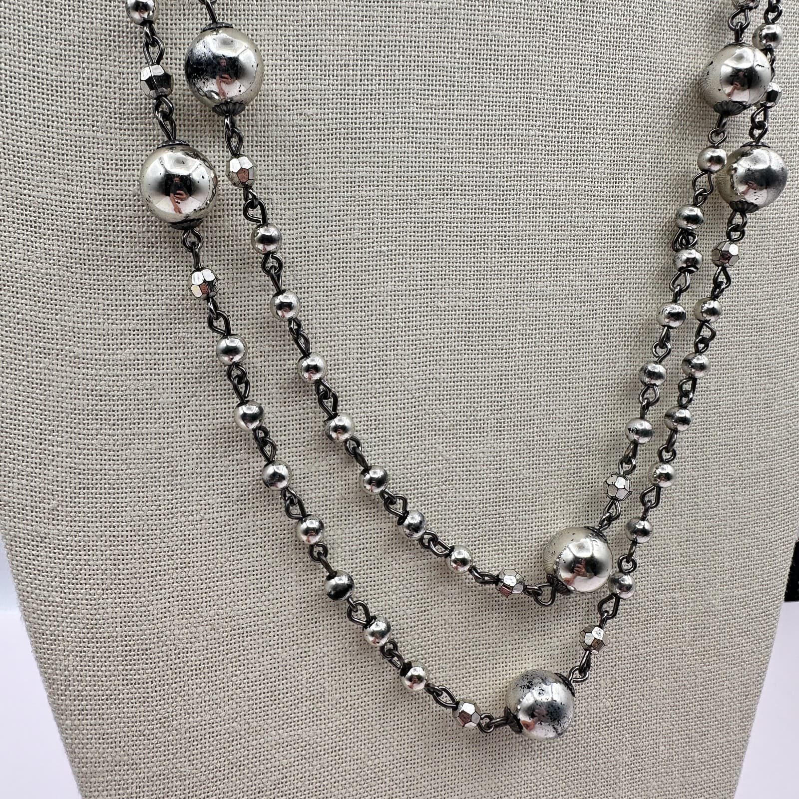 Vintage Y2K Double Strand Silver Tone Beaded Necklace Statement Boho Jewelry - Thumbnail 4