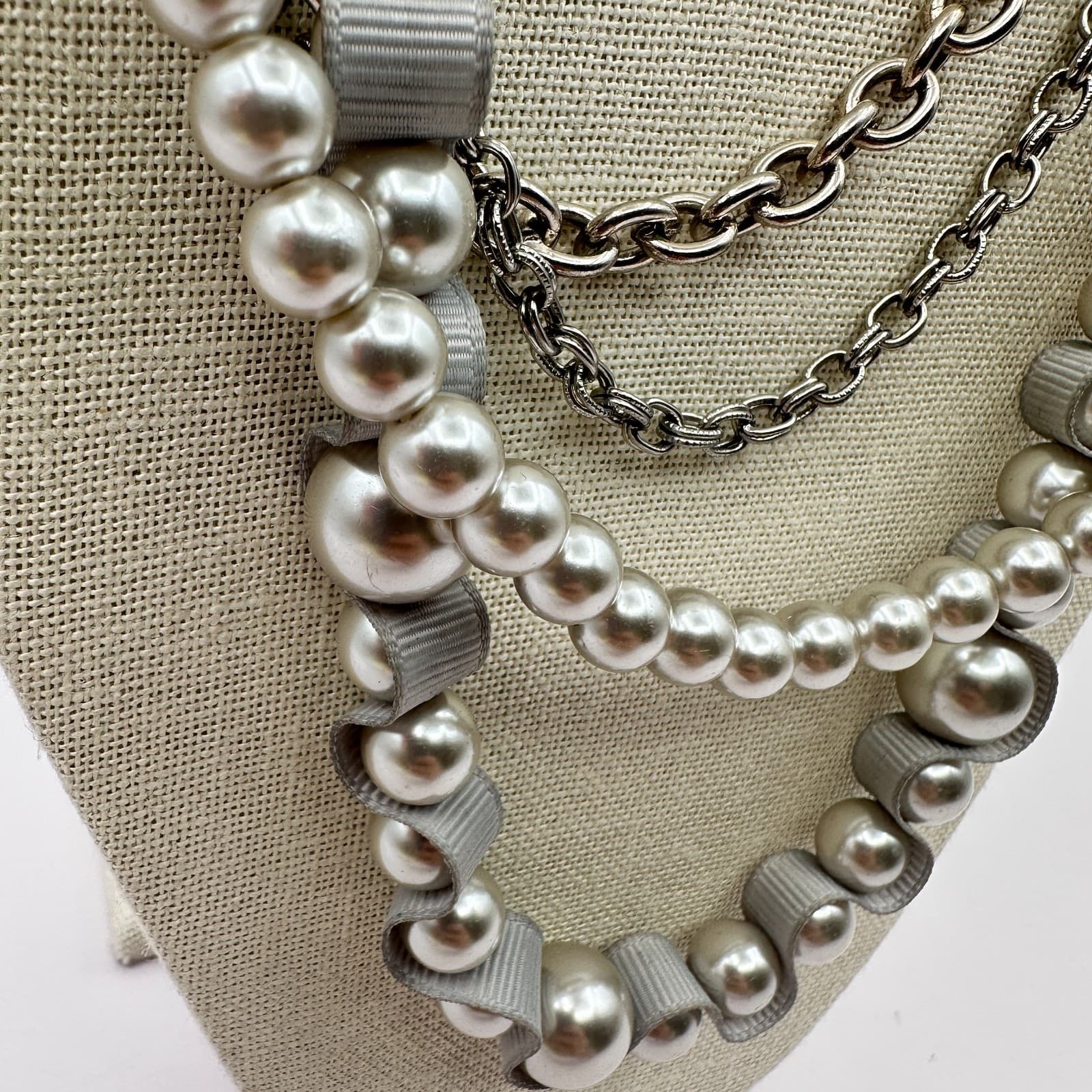 Vintage Y2K Multi-Strand Faux Pearl Necklace Silver-Tone Starburst Rhinestone - Thumbnail 6