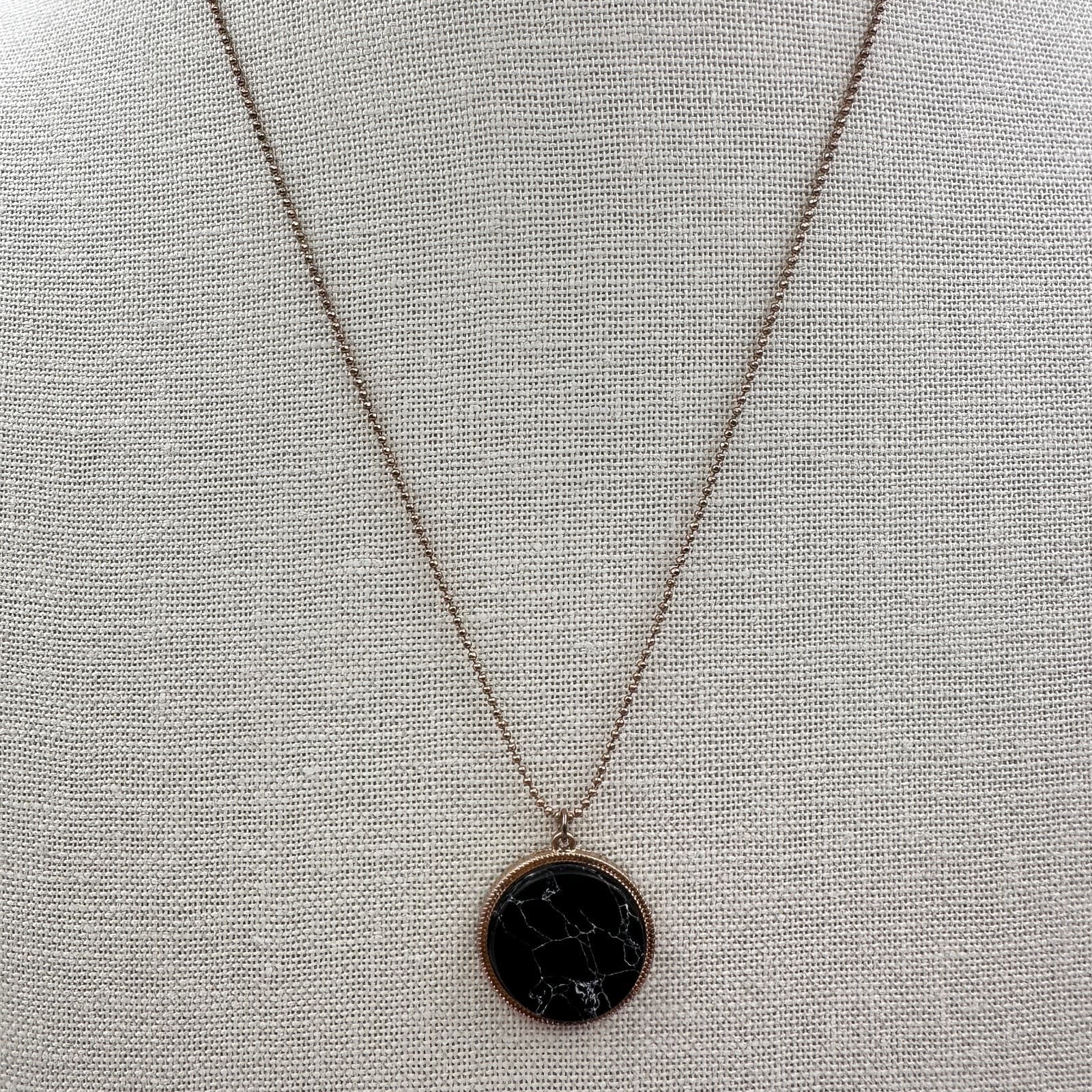 Vintage 90s Rose Gold Tone Black Marbled Faux Stone Pendant Necklace Jewelry - Thumbnail 4
