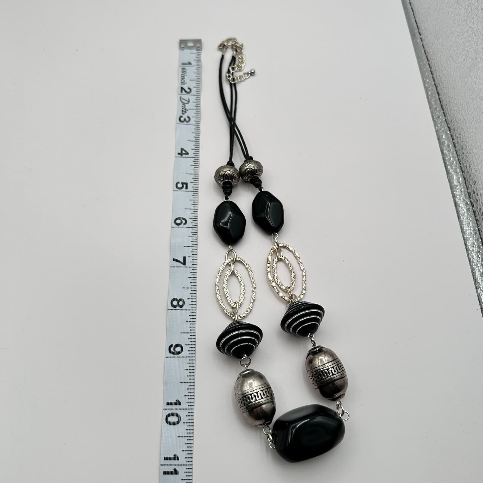 Vintage 90s Silver Tone Textured Black Beaded Necklace Statement Chunky Jewelry - Thumbnail 8