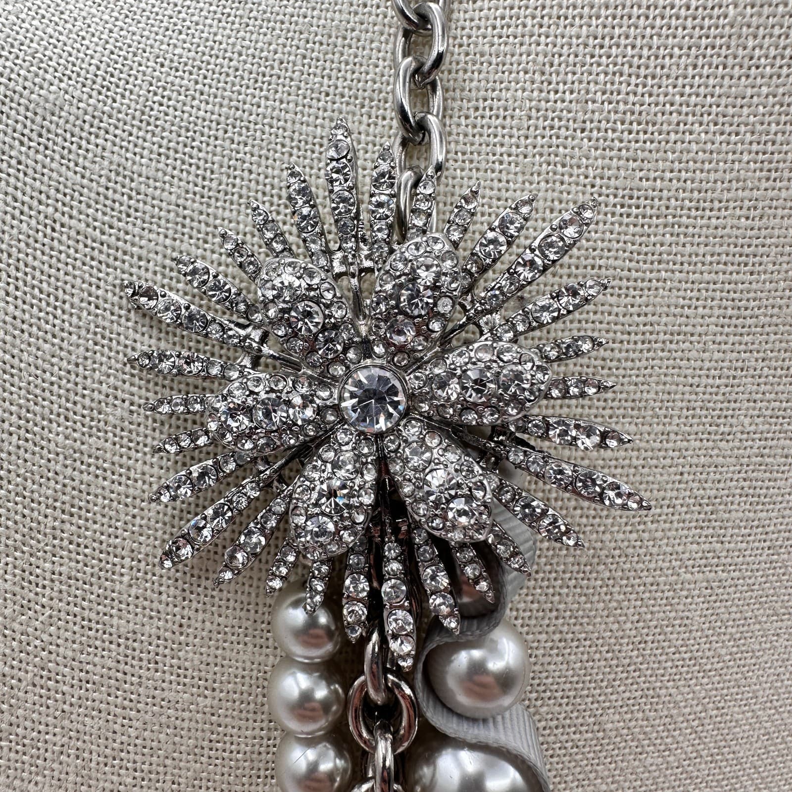 Vintage Y2K Multi-Strand Faux Pearl Necklace Silver-Tone Starburst Rhinestone - Thumbnail 3