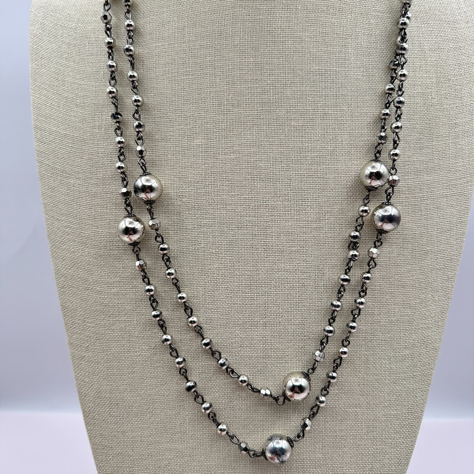 Vintage Y2K Double Strand Silver Tone Beaded Necklace Statement Boho Jewelry - Thumbnail 2