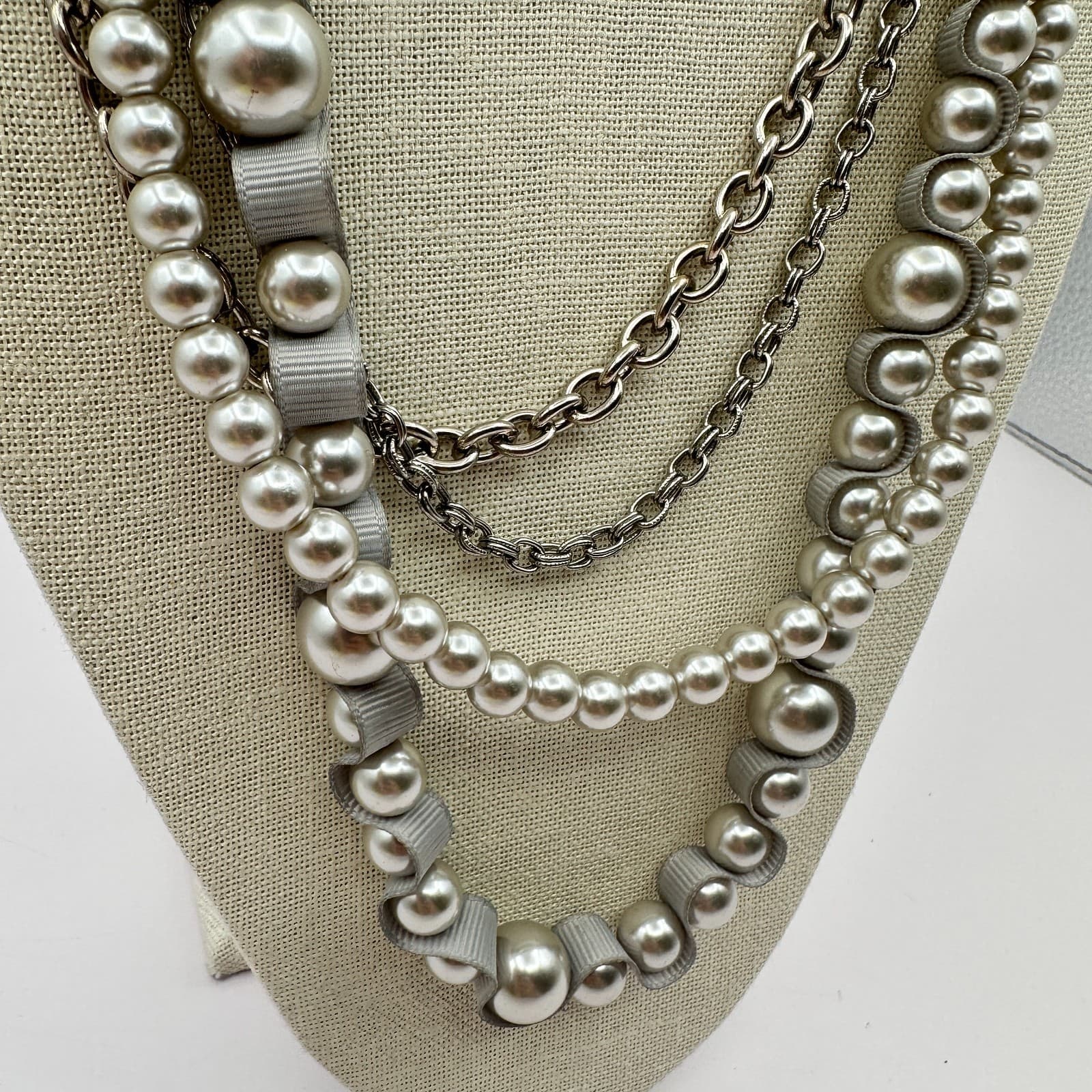 Vintage Y2K Multi-Strand Faux Pearl Necklace Silver-Tone Starburst Rhinestone - Thumbnail 7