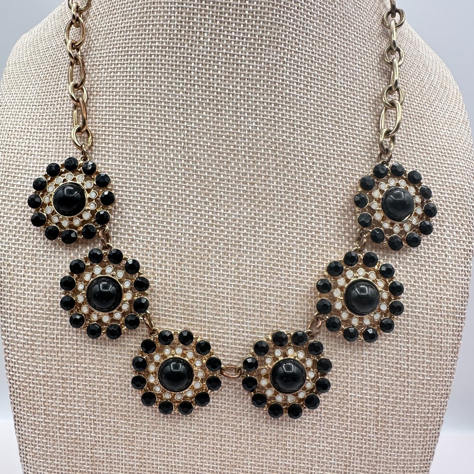 Vintage 90s Gold Tone Statement Bib Beaded Necklace Women's Classic Jewelry - Thumbnail 2