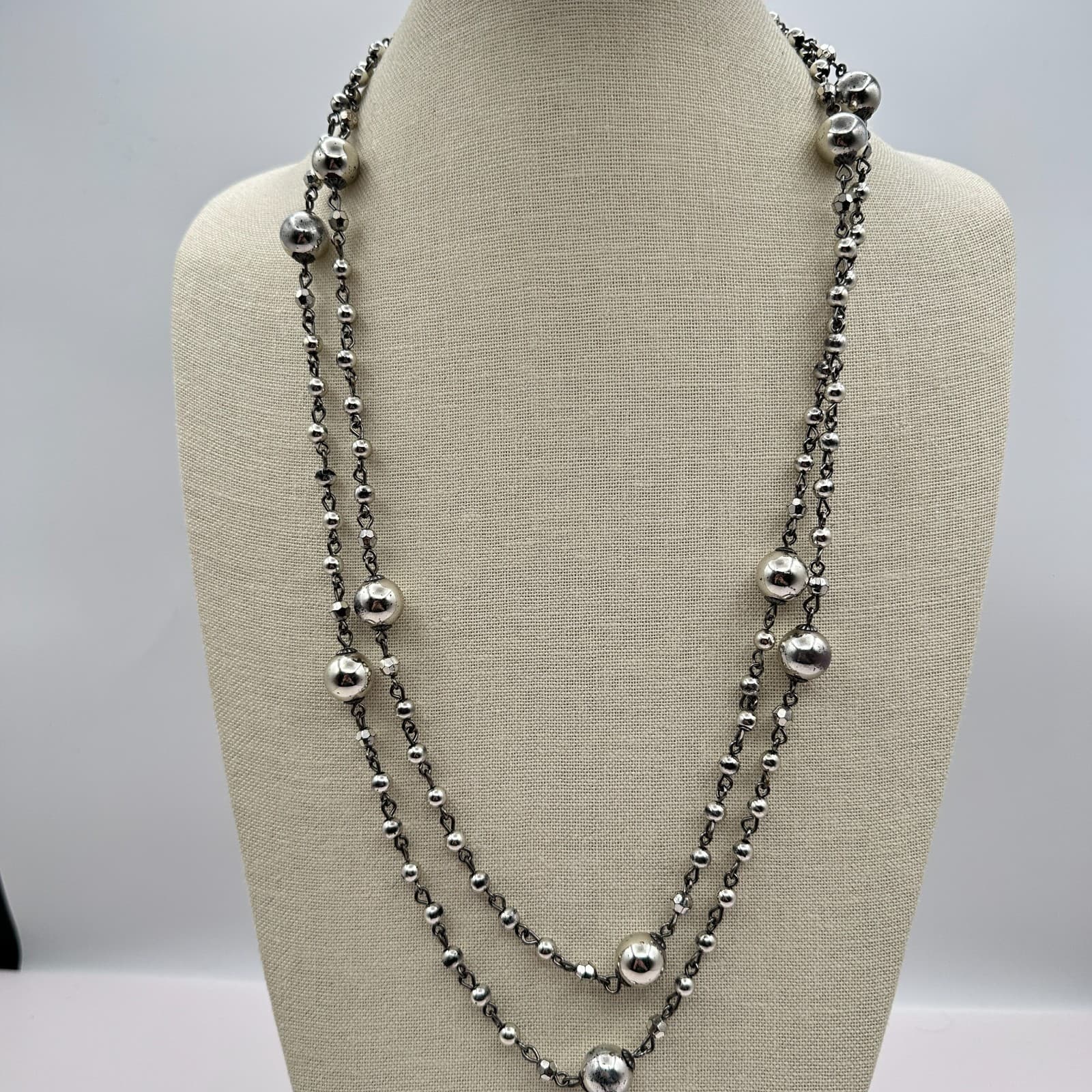 Vintage Y2K Double Strand Silver Tone Beaded Necklace Statement Boho Jewelry - Thumbnail 8