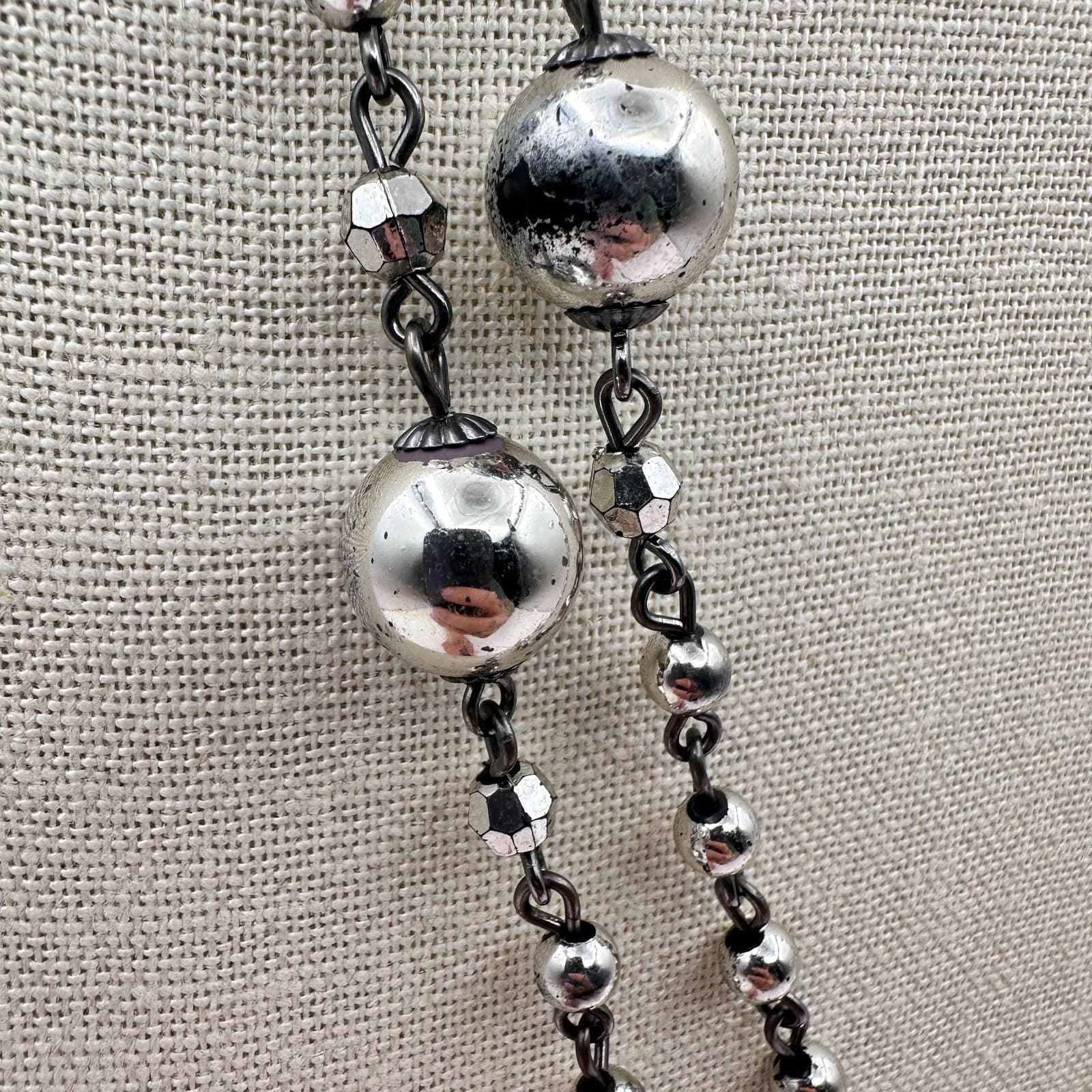 Vintage Y2K Double Strand Silver Tone Beaded Necklace Statement Boho Jewelry - Thumbnail 6