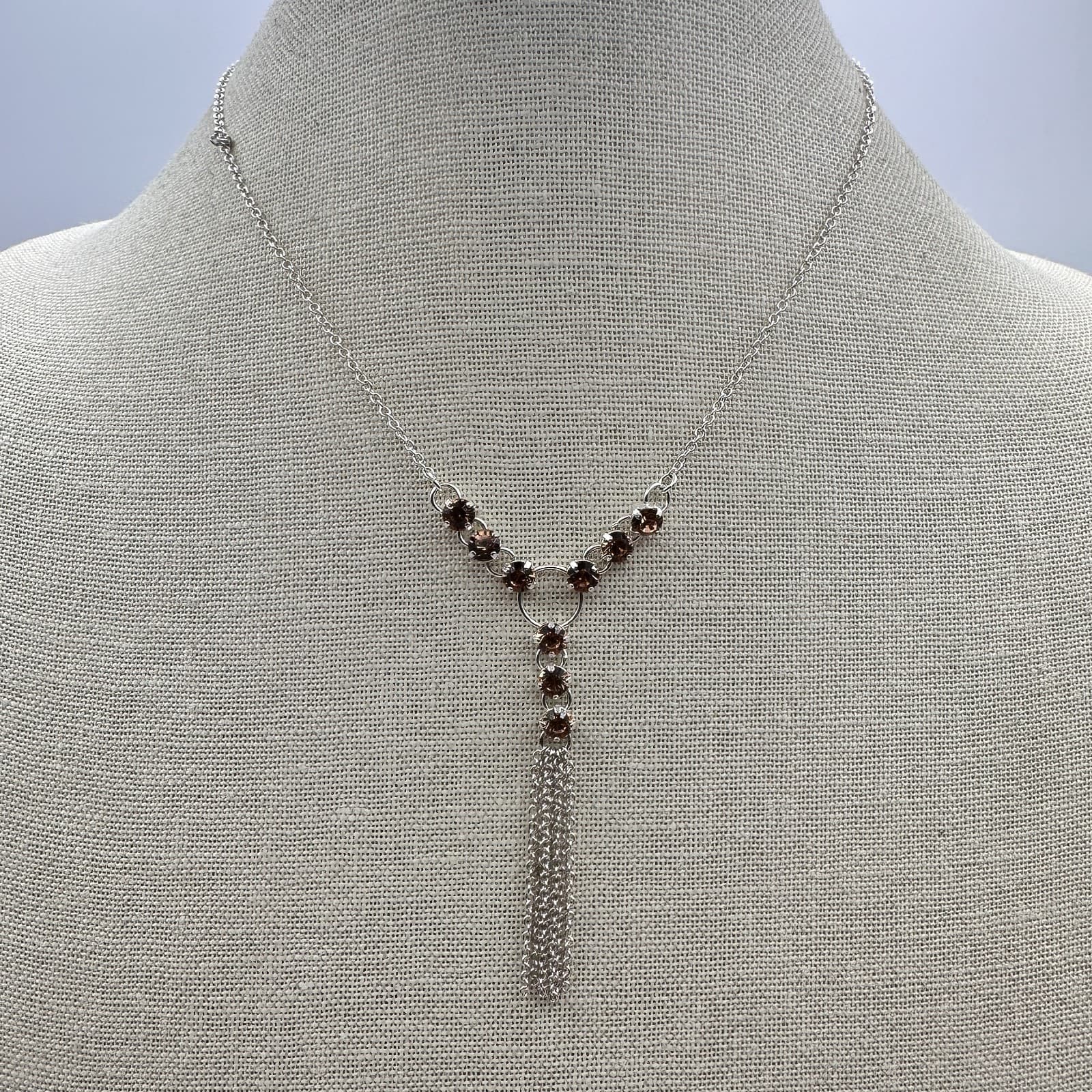 Vintage Y2K Silver Tone Chain Brown Rhinestone Tassel Necklace Statement Jewelry - Thumbnail 5