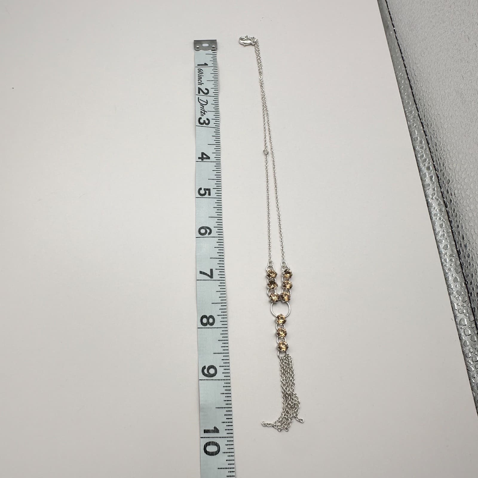 Vintage Y2K Silver Tone Chain Brown Rhinestone Tassel Necklace Statement Jewelry - Thumbnail 6