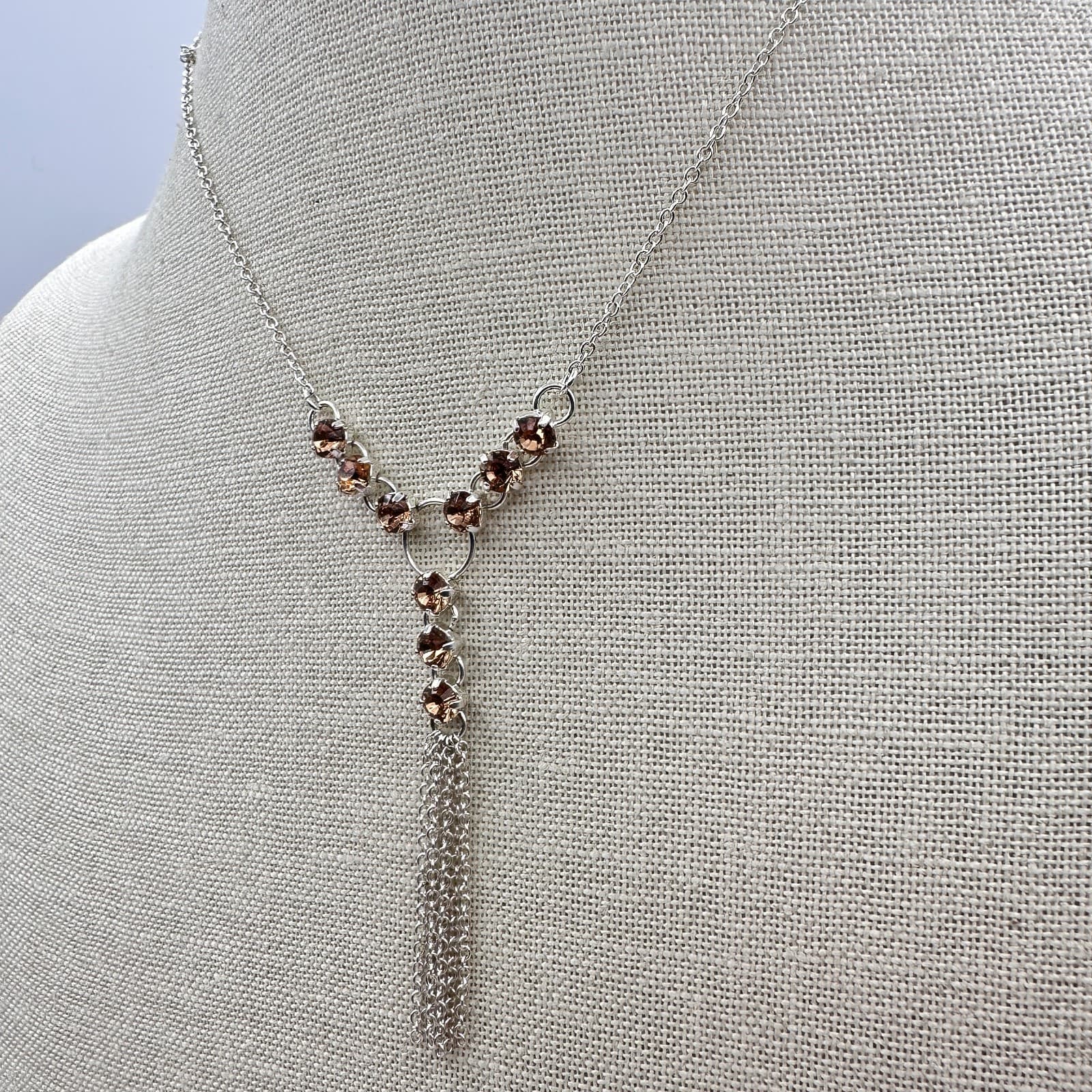 Vintage Y2K Silver Tone Chain Brown Rhinestone Tassel Necklace Statement Jewelry - Thumbnail 4