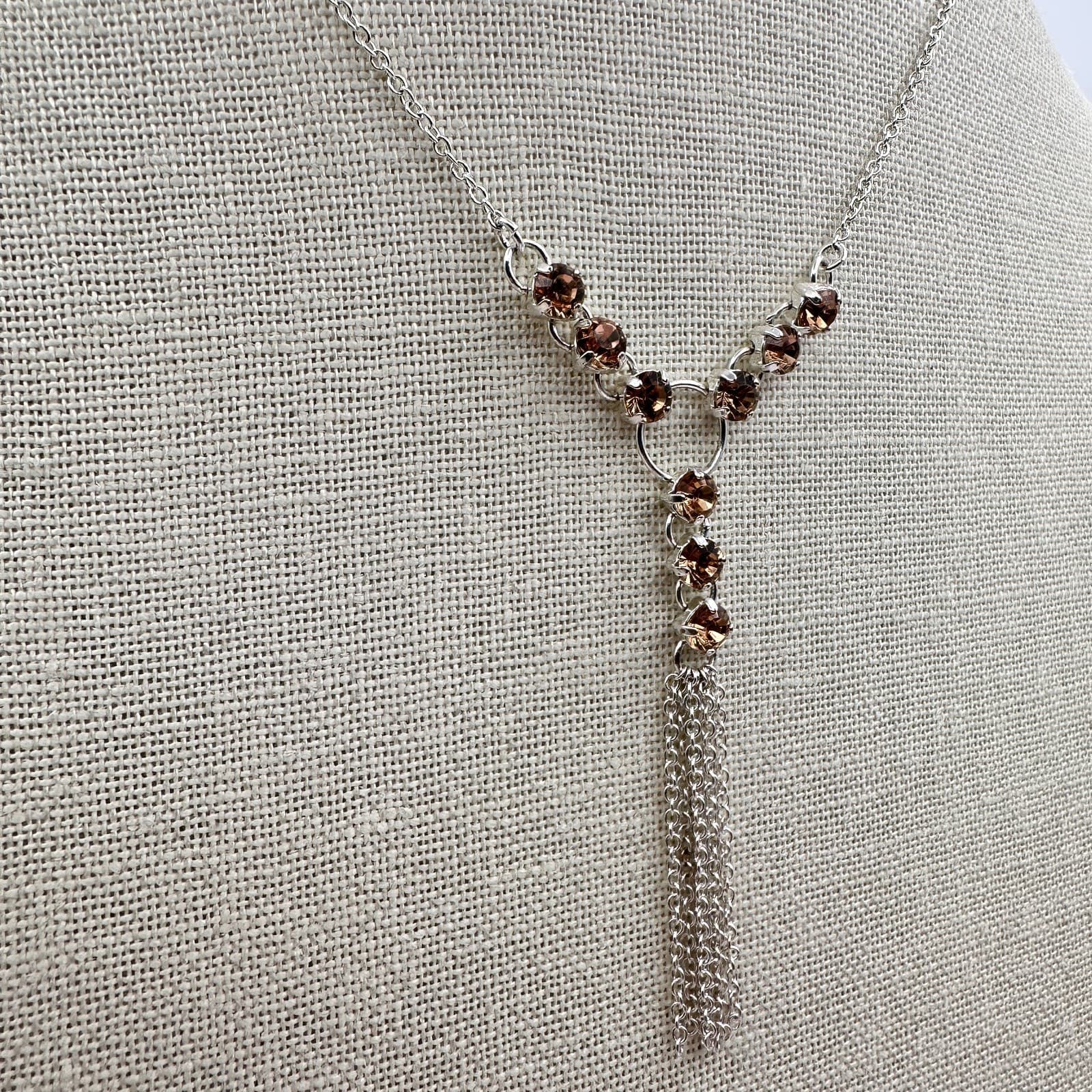 Vintage Y2K Silver Tone Chain Brown Rhinestone Tassel Necklace Statement Jewelry - Thumbnail 3