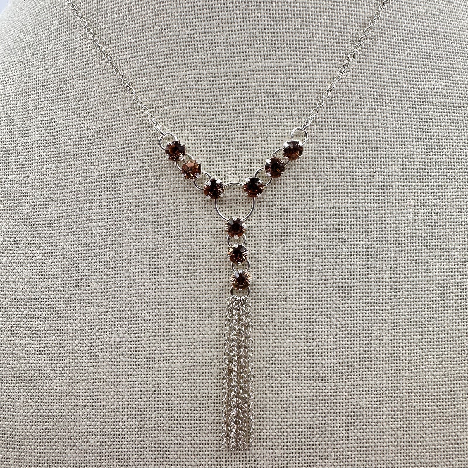 Vintage Y2K Silver Tone Chain Brown Rhinestone Tassel Necklace Statement Jewelry - Thumbnail 2