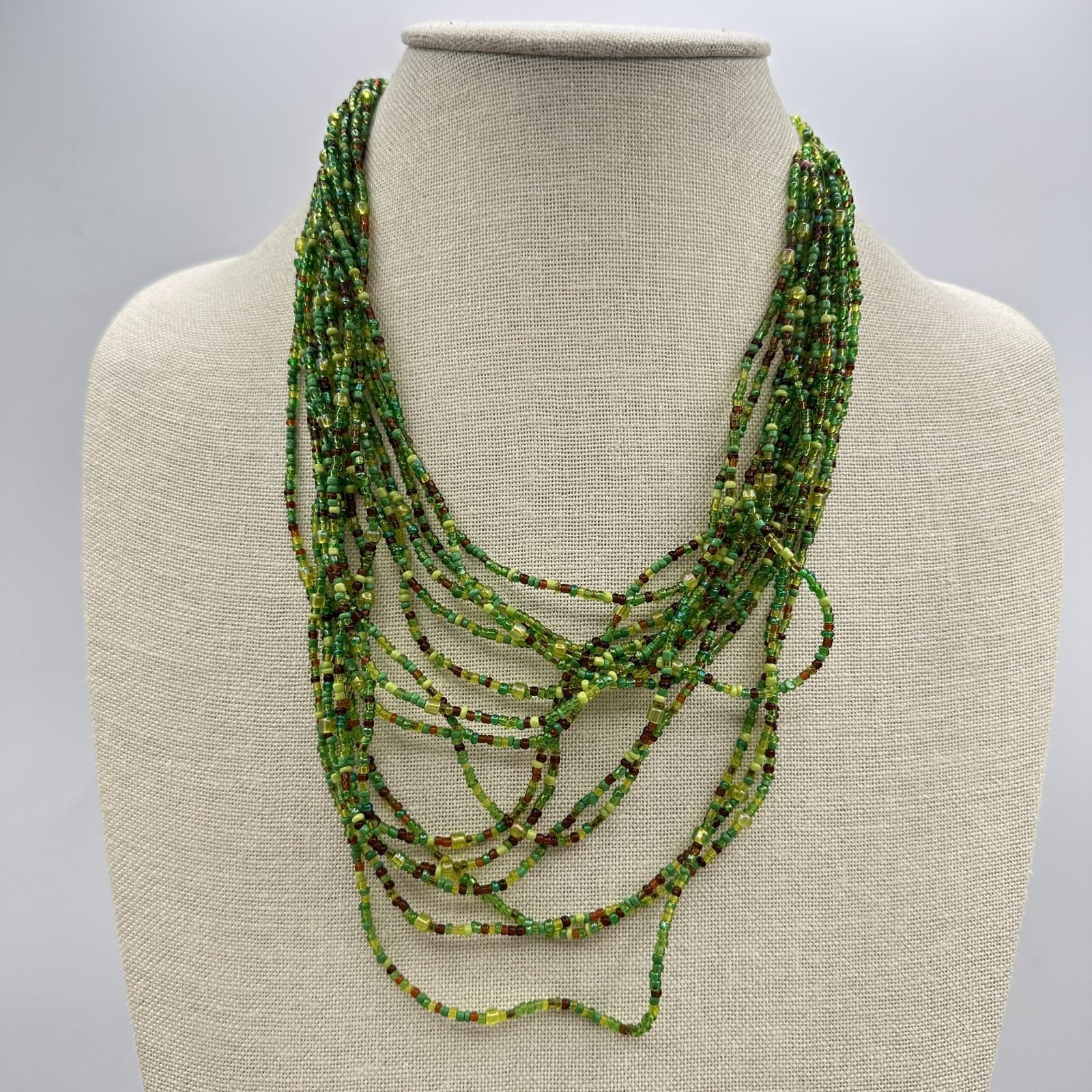 Vintage 80s Avon Green Seed Bead Strands Graduated Statement Necklace Jewelry