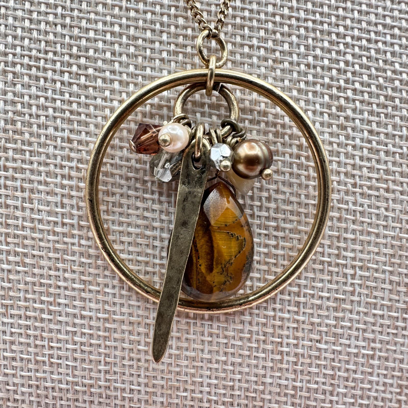 Vintage 90s Gold Tone Hoop Charm Necklace Brown Agate Stone Glass Pearl Jewelry - Thumbnail 3