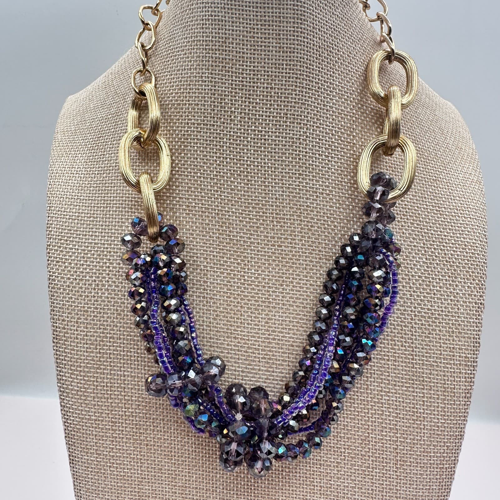 Vintage Y2K Gold Tone Iridescent Beaded Multi-Strand Statement Necklace Jewelry - Thumbnail 10