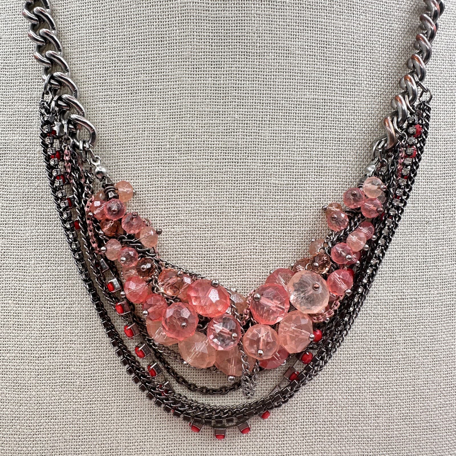 Vintage Y2K Multi-Strand Statement Necklace Rhinestone Beaded Silver Tone Chain - Thumbnail 5