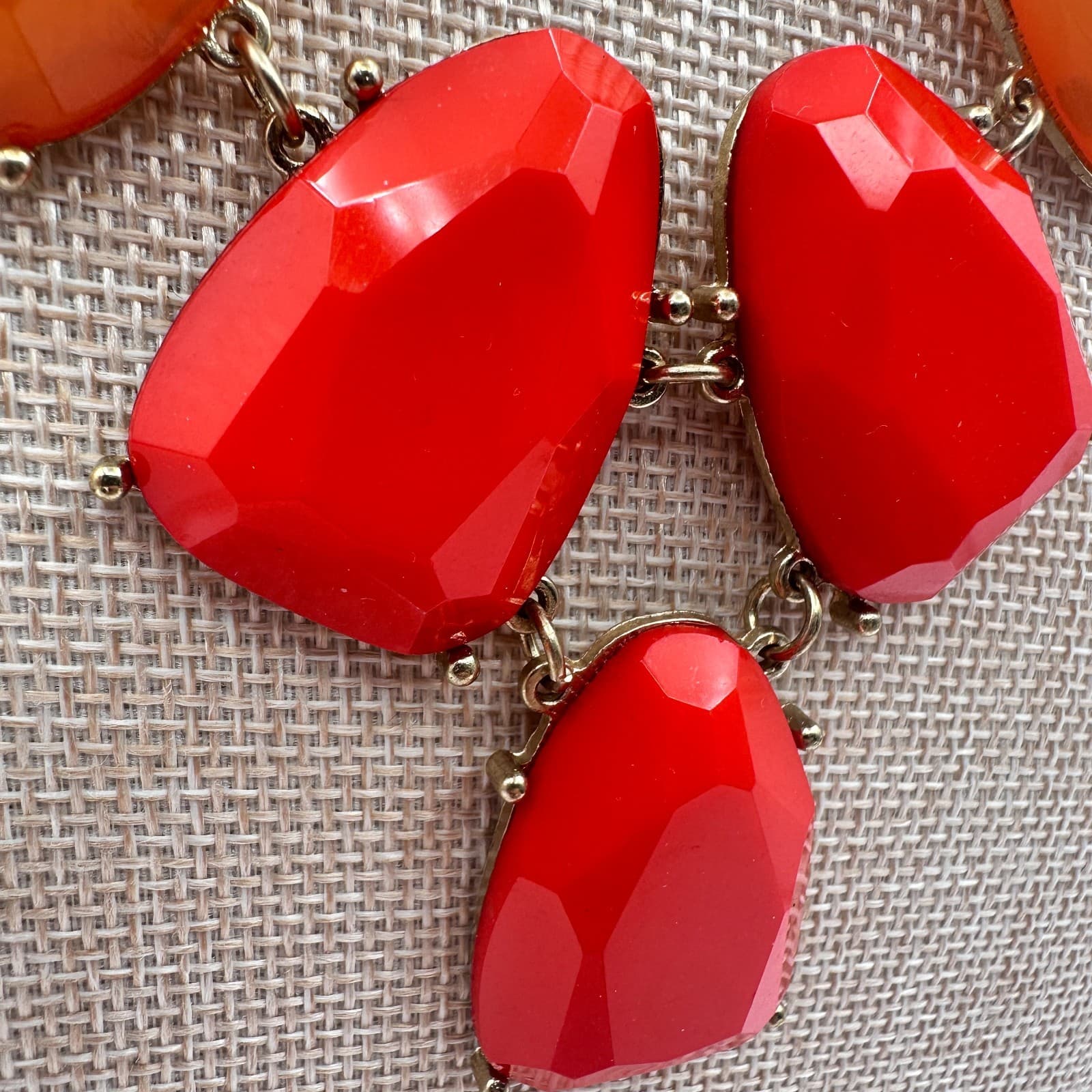 Vintage 90s Gold Tone Red Chunky Bib Necklace Statement Women's Classic Jewelry - Thumbnail 6