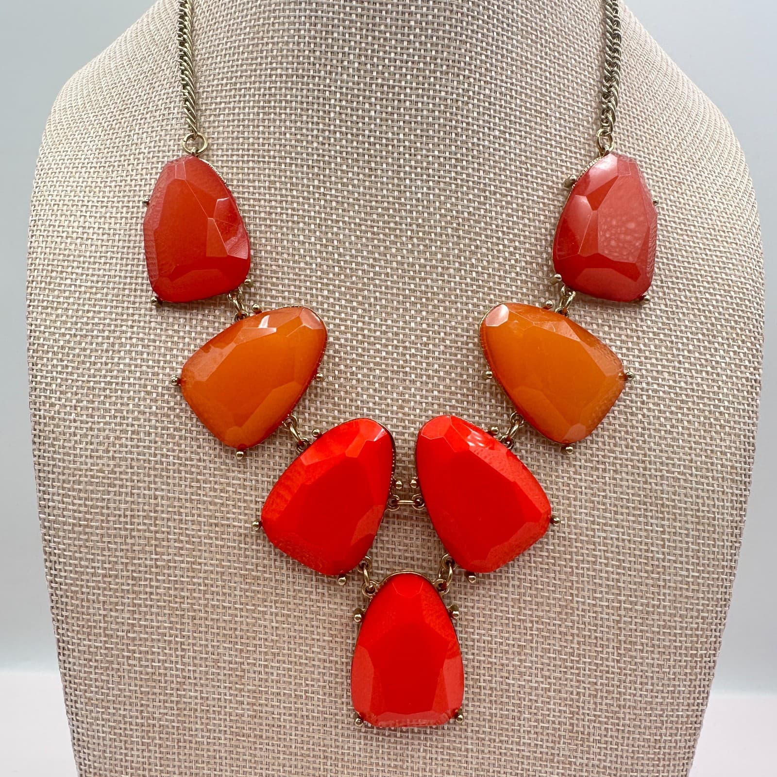 Vintage 90s Gold Tone Red Chunky Bib Necklace Statement Women's Classic Jewelry - Thumbnail 2