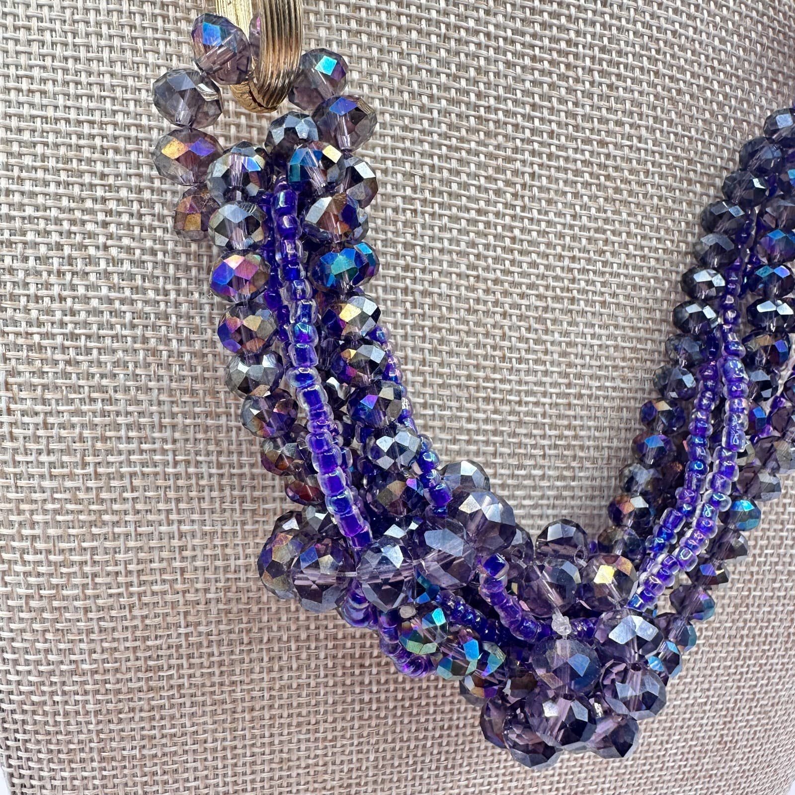 Vintage Y2K Gold Tone Iridescent Beaded Multi-Strand Statement Necklace Jewelry - Thumbnail 3