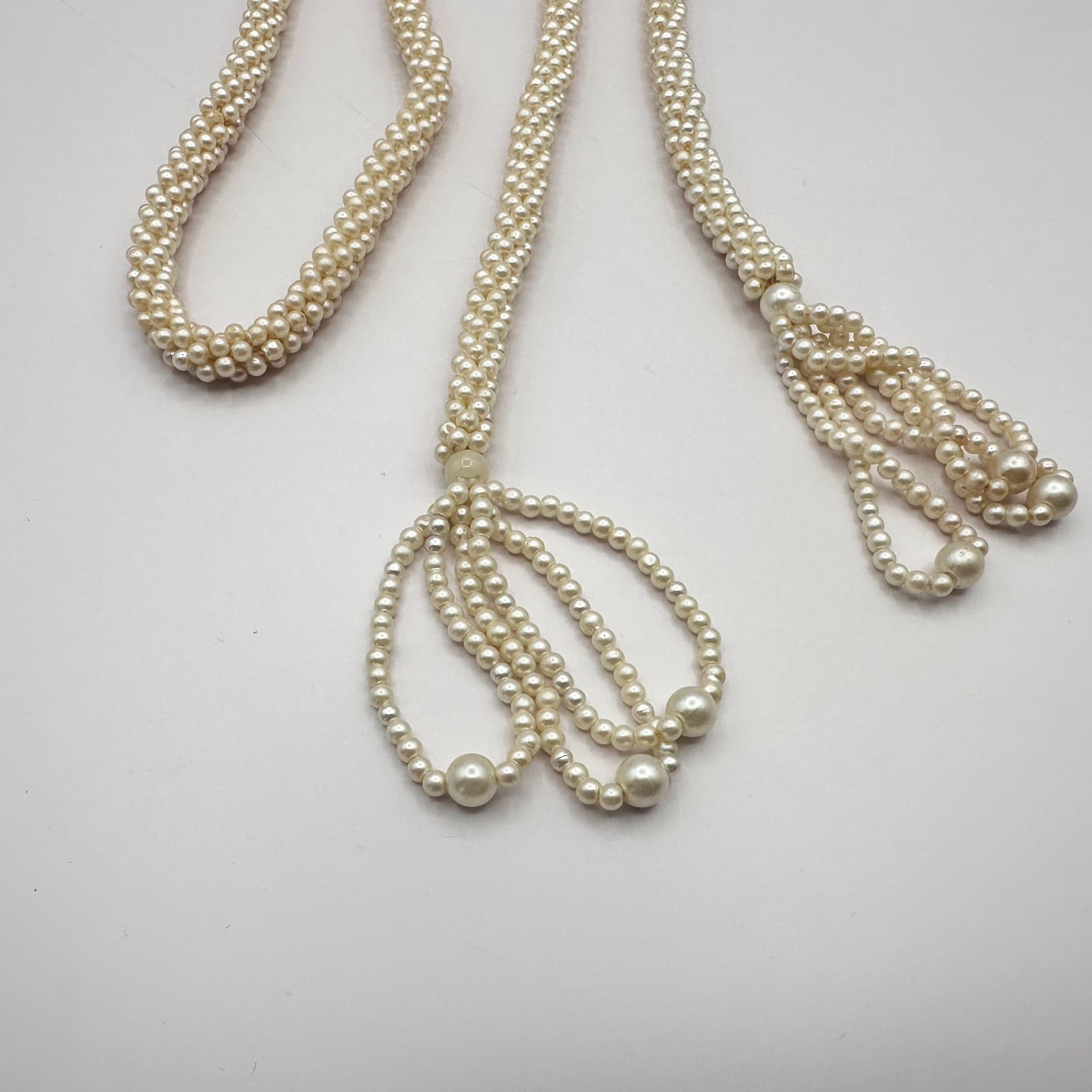 Vintage 90s Faux Pearl Lariat Necklace Woven Seed Beaded Women's Classic Jewelry - Thumbnail 6