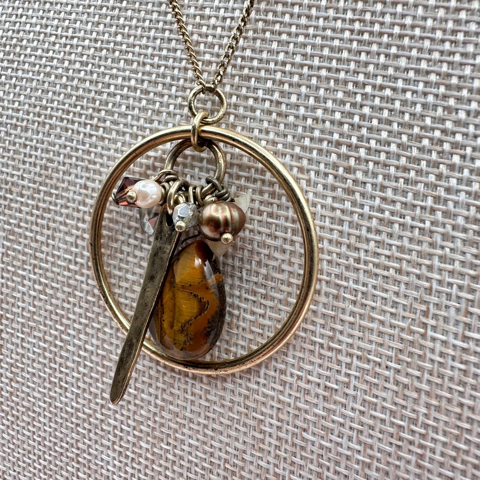 Vintage 90s Gold Tone Hoop Charm Necklace Brown Agate Stone Glass Pearl Jewelry - Thumbnail 6