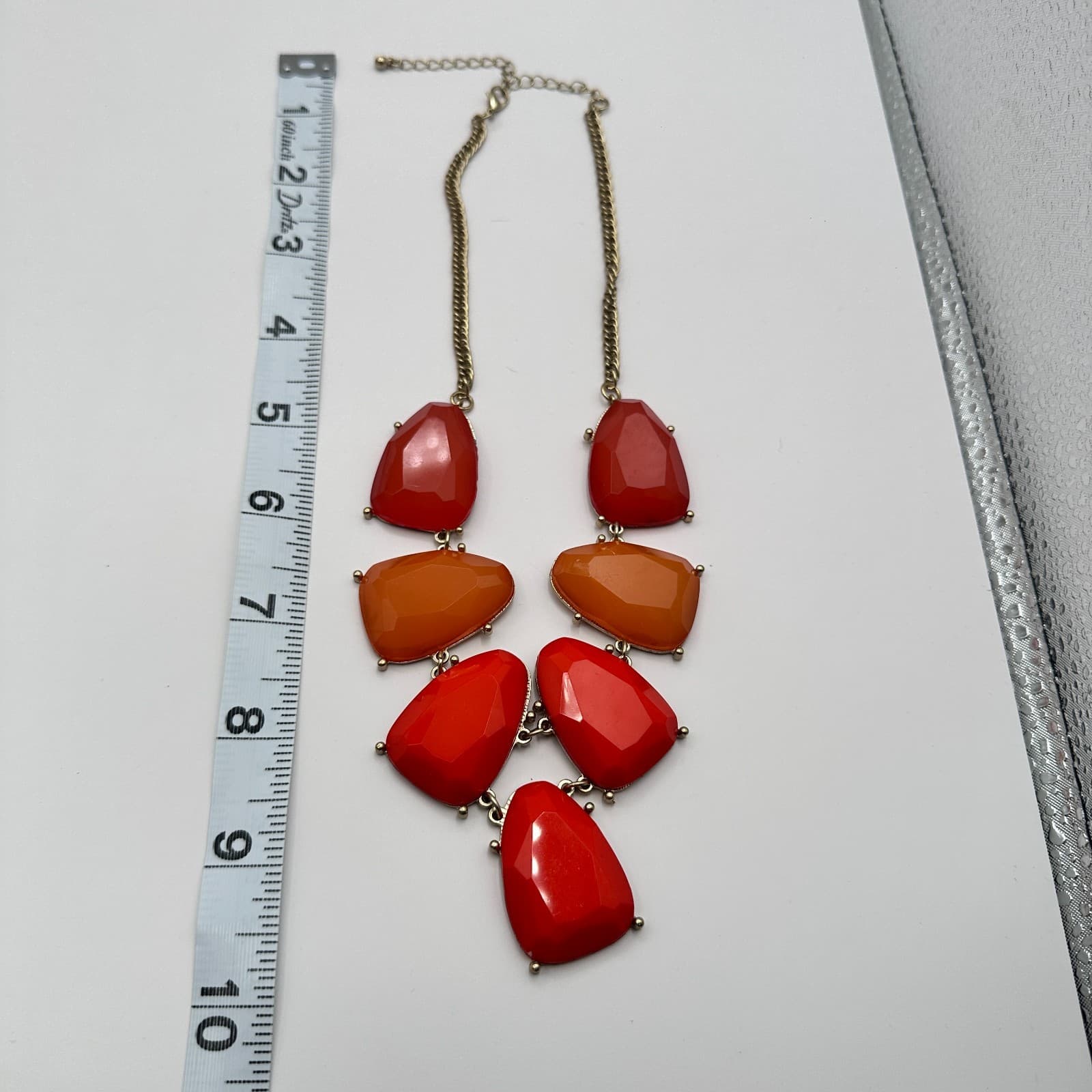 Vintage 90s Gold Tone Red Chunky Bib Necklace Statement Women's Classic Jewelry - Thumbnail 9