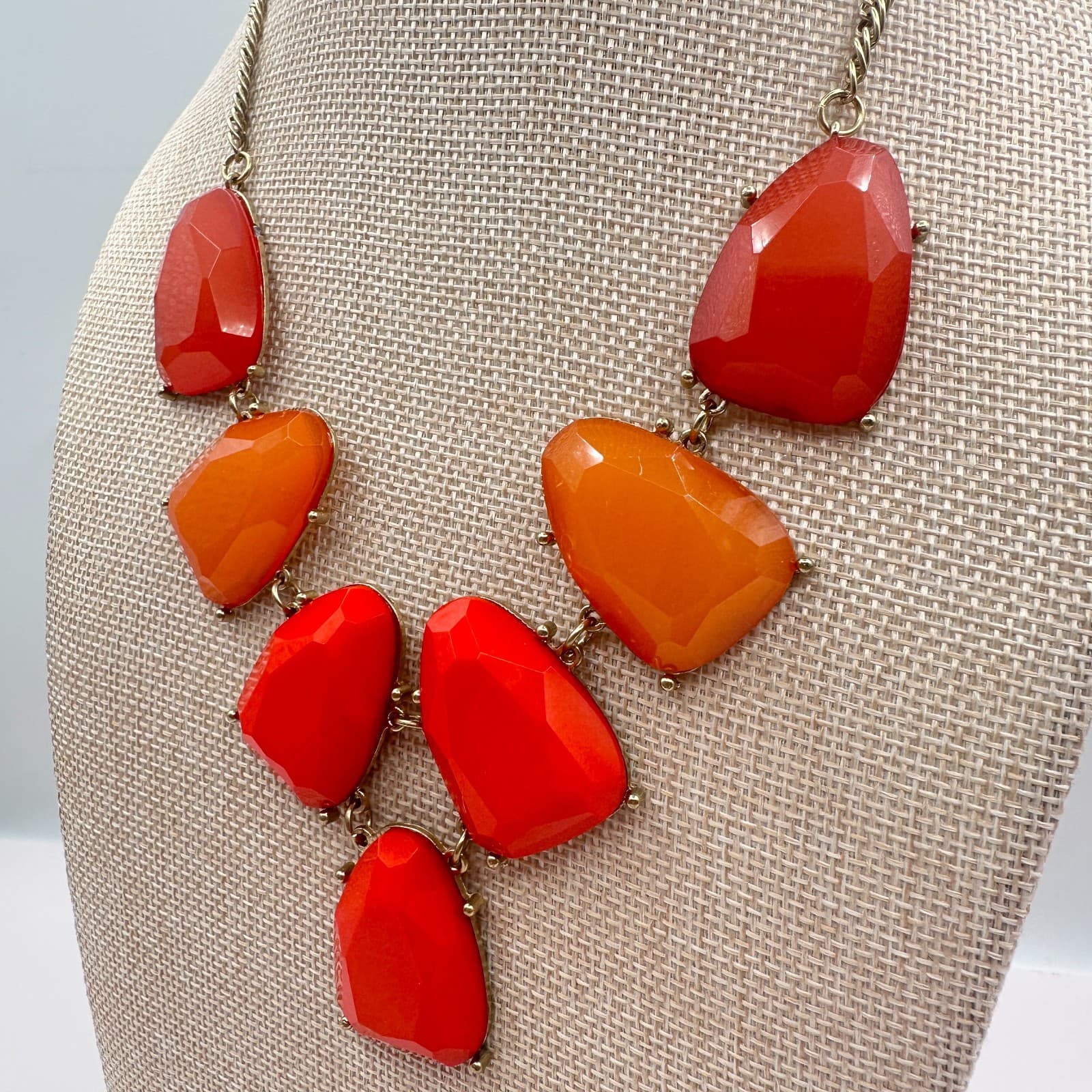 Vintage 90s Gold Tone Red Chunky Bib Necklace Statement Women's Classic Jewelry - Thumbnail 7