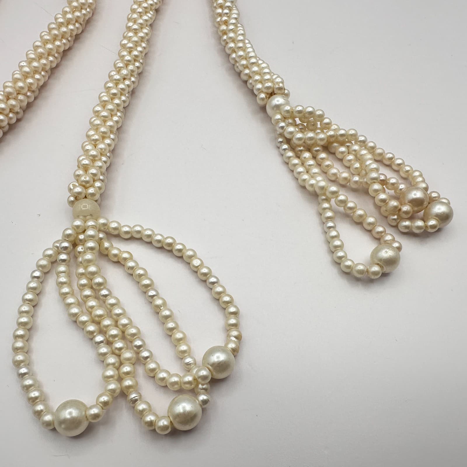 Vintage 90s Faux Pearl Lariat Necklace Woven Seed Beaded Women's Classic Jewelry - Thumbnail 4