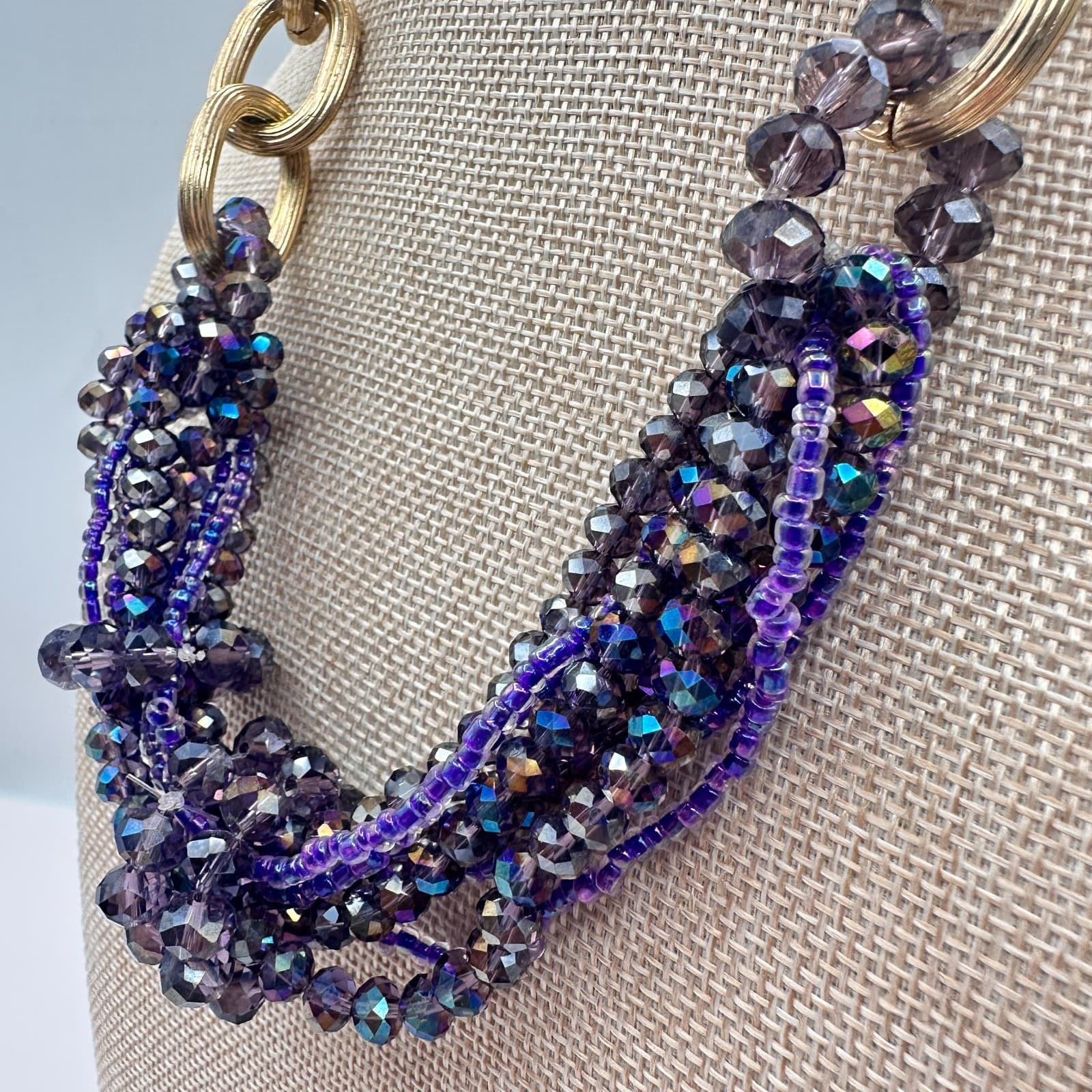Vintage Y2K Gold Tone Iridescent Beaded Multi-Strand Statement Necklace Jewelry - Thumbnail 5