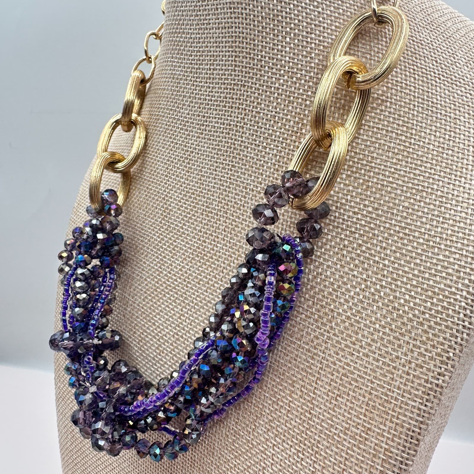 Vintage Y2K Gold Tone Iridescent Beaded Multi-Strand Statement Necklace Jewelry - Thumbnail 9