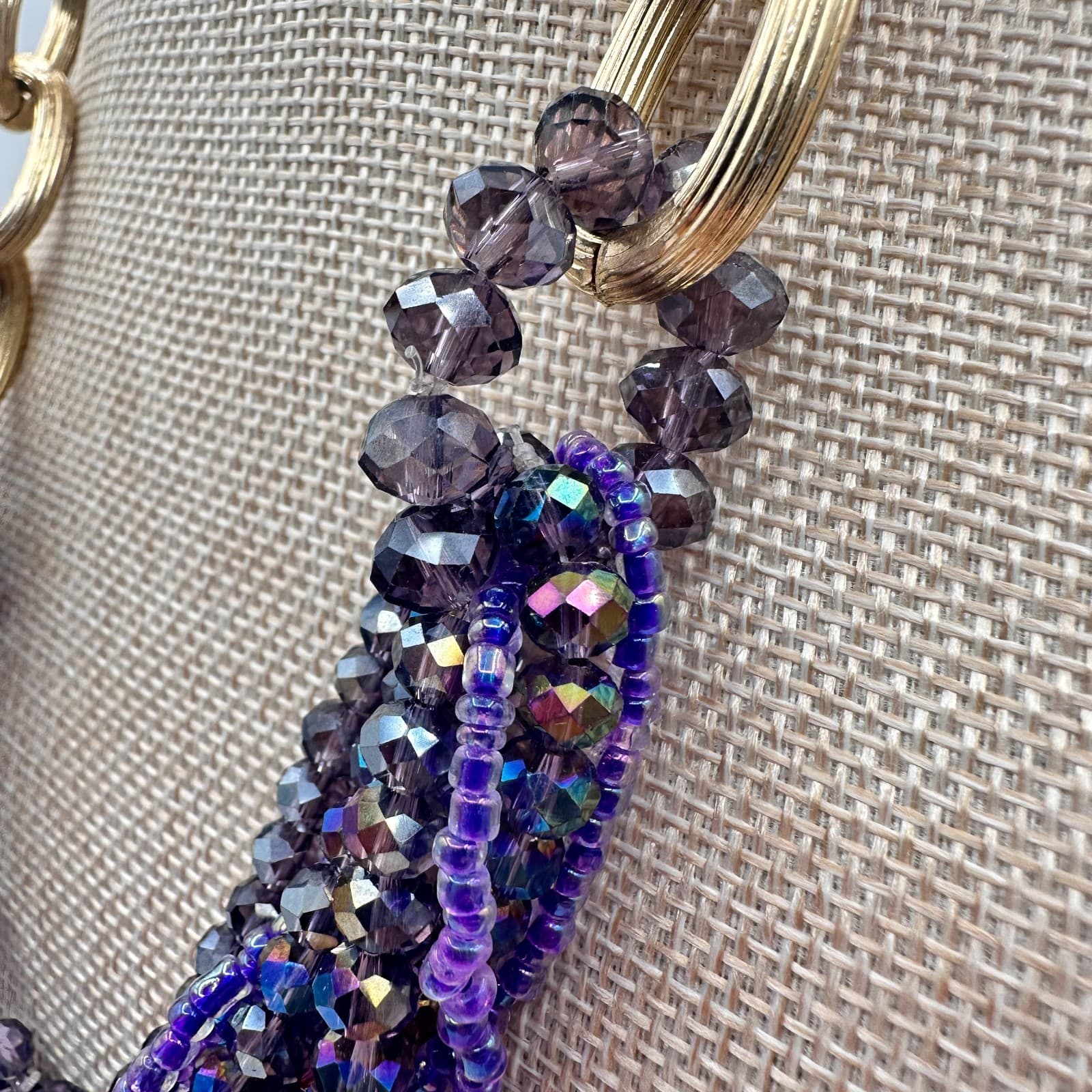 Vintage Y2K Gold Tone Iridescent Beaded Multi-Strand Statement Necklace Jewelry - Thumbnail 6